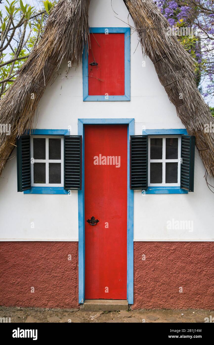 Palheiros, traditional A-framed thatched house in Funchal, Madeira Stock Photo