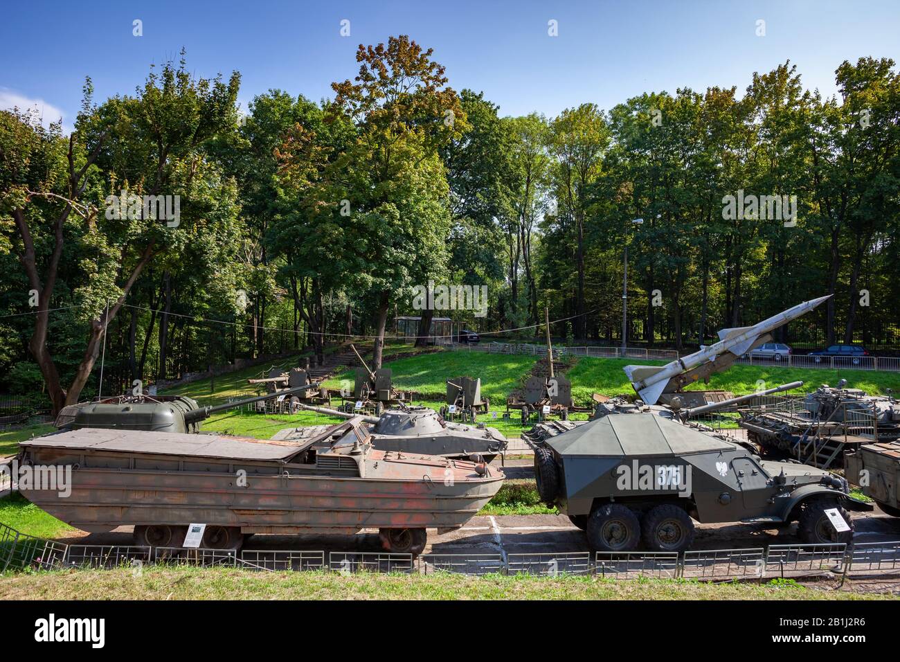Convoy of armored vehicles, tanks, mobile artillery in Polish Army Museum in Warsaw, Poland Stock Photo