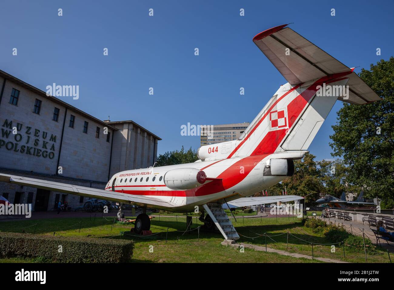 Yakovlev Yak-40 (Polish: Jak-40 Jakowlew) Russian three-engined jet airline passenger and transport aircraft with Polish Air Force checkerboard nation Stock Photo