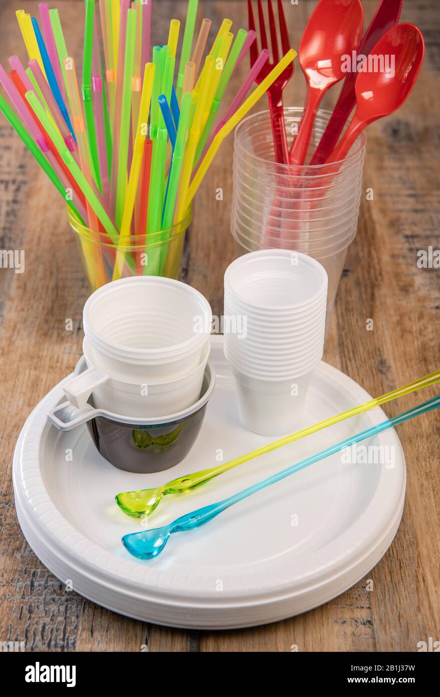 Everyday plastic waste, various plastic utensils, environmental