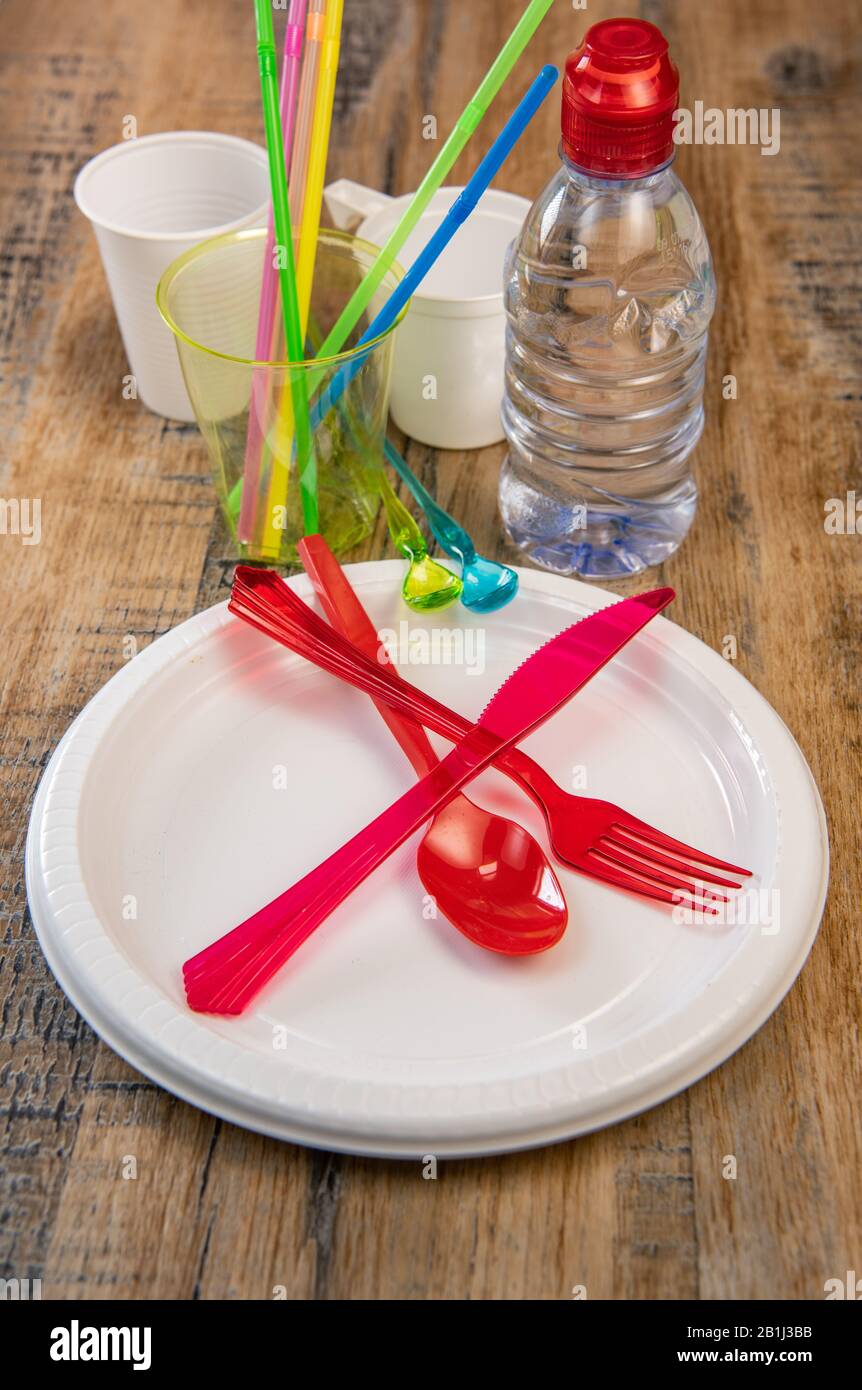 Everyday plastic waste, various plastic utensils, environmental