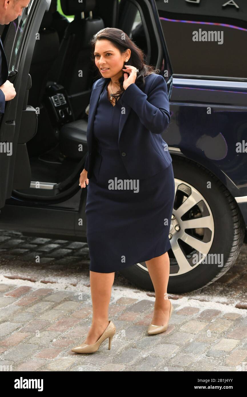 Home Secretary Priti Patel arrives at the National Police Chiefs' Council and Association of Police and Crime Commissioners joint summit, at the Queen Elizabeth II Conference Centre, in London. Stock Photo
