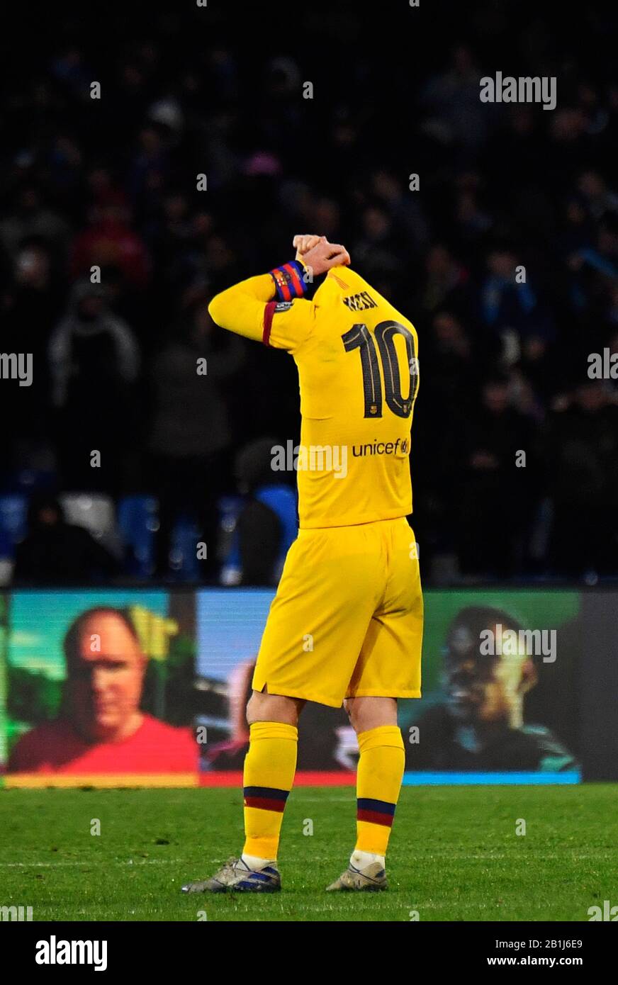 Naples, Italy. 25th Feb, 2020. Barcelona's Argentinian forward Lionel Messi reacts during the UEFA Champions league round of 16 first leg football match SSC Napoli vs FC Barcelona. Napoli drew with Barcelona 1-1. Credit: Independent Photo Agency/Alamy Live News Stock Photo