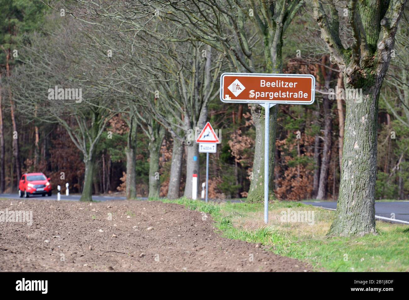 Brandenburg, Germany. 25th Feb, 2020. A sign 'Beelitzer Spargelstraße' is located at the edge of the country road L88 leading to the Emstal. Photo: Soeren Stache/dpa-Zentralbild/ZB Credit: dpa picture alliance/Alamy Live News Stock Photo