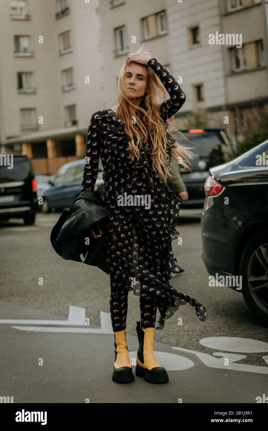 Blanca Miro going to Marine Serra for the new collection autumn winter 2020 2021, wearing original creation, during Paris Fashion Week in Paris, from Stock Photo
