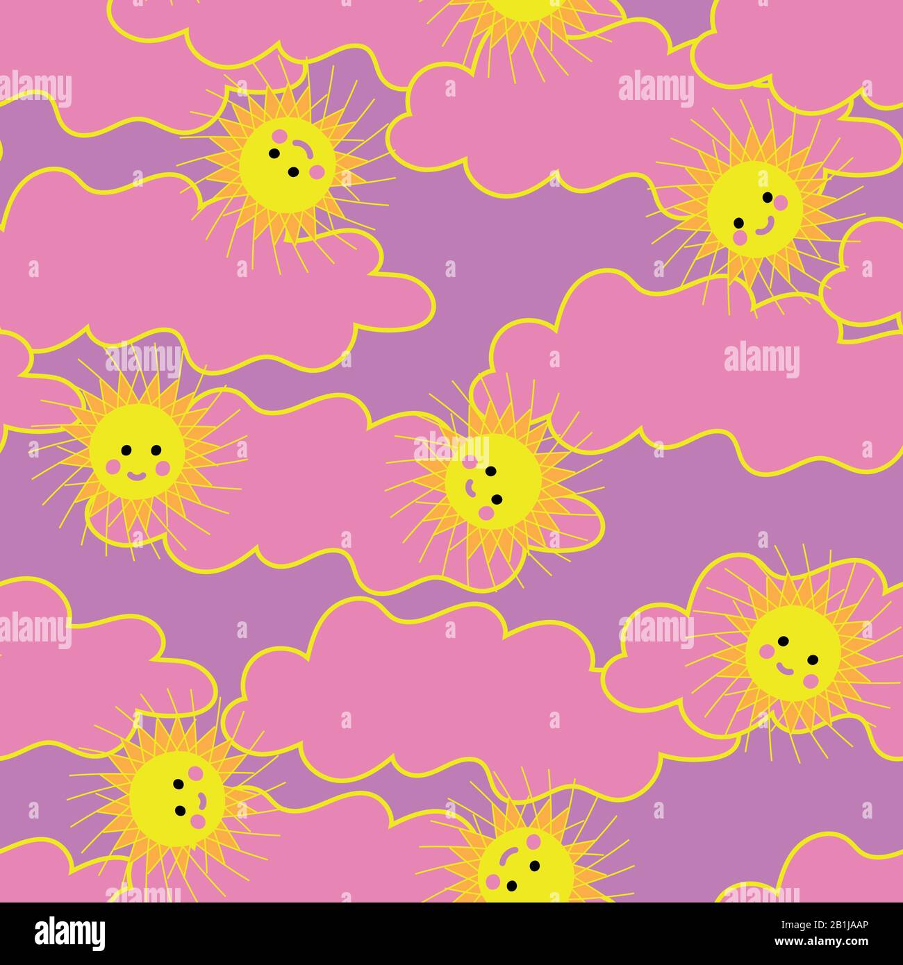 happy smiling suns on a bright pink sky seamless vector pattern Stock Vector