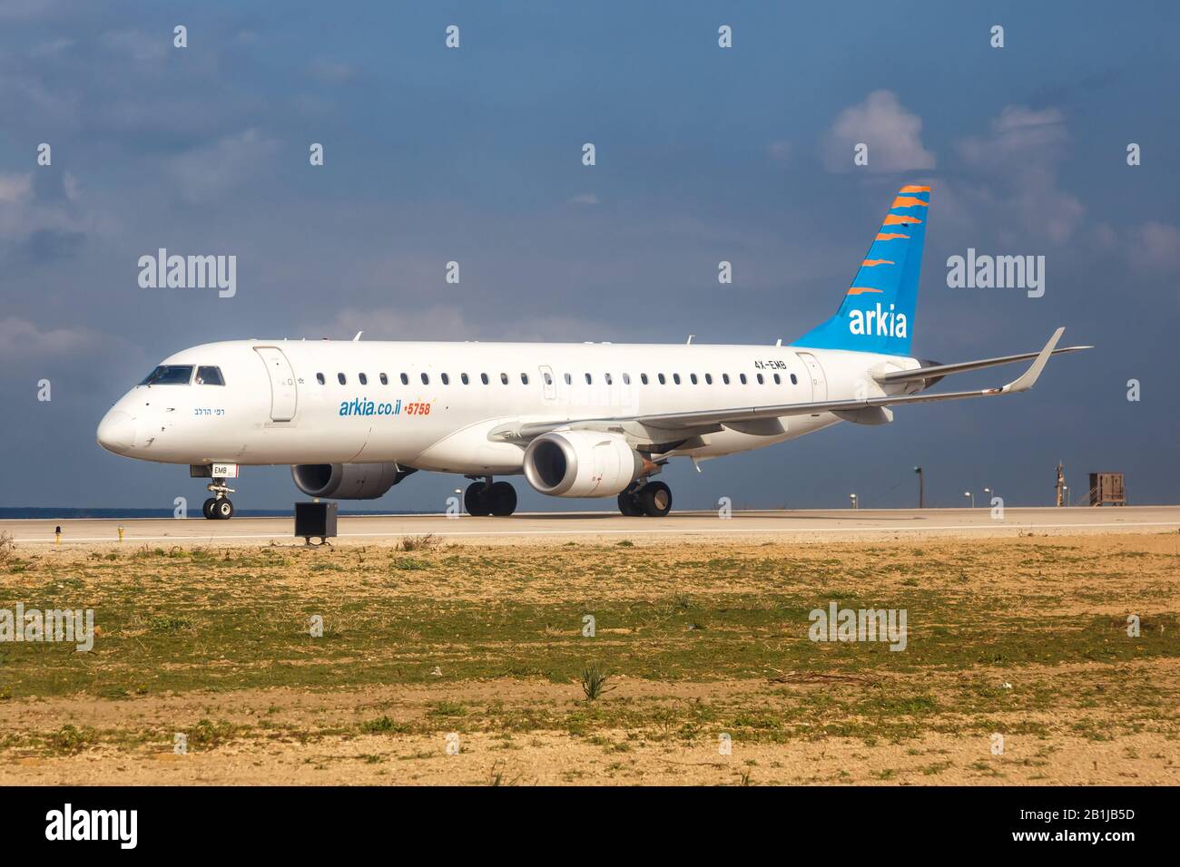 Tel Aviv, Israel – February 19, 2019: Arkia Embraer 190 airplane at Tel Aviv Sde Dov Hoz airport (SDV) in Israel. Stock Photo