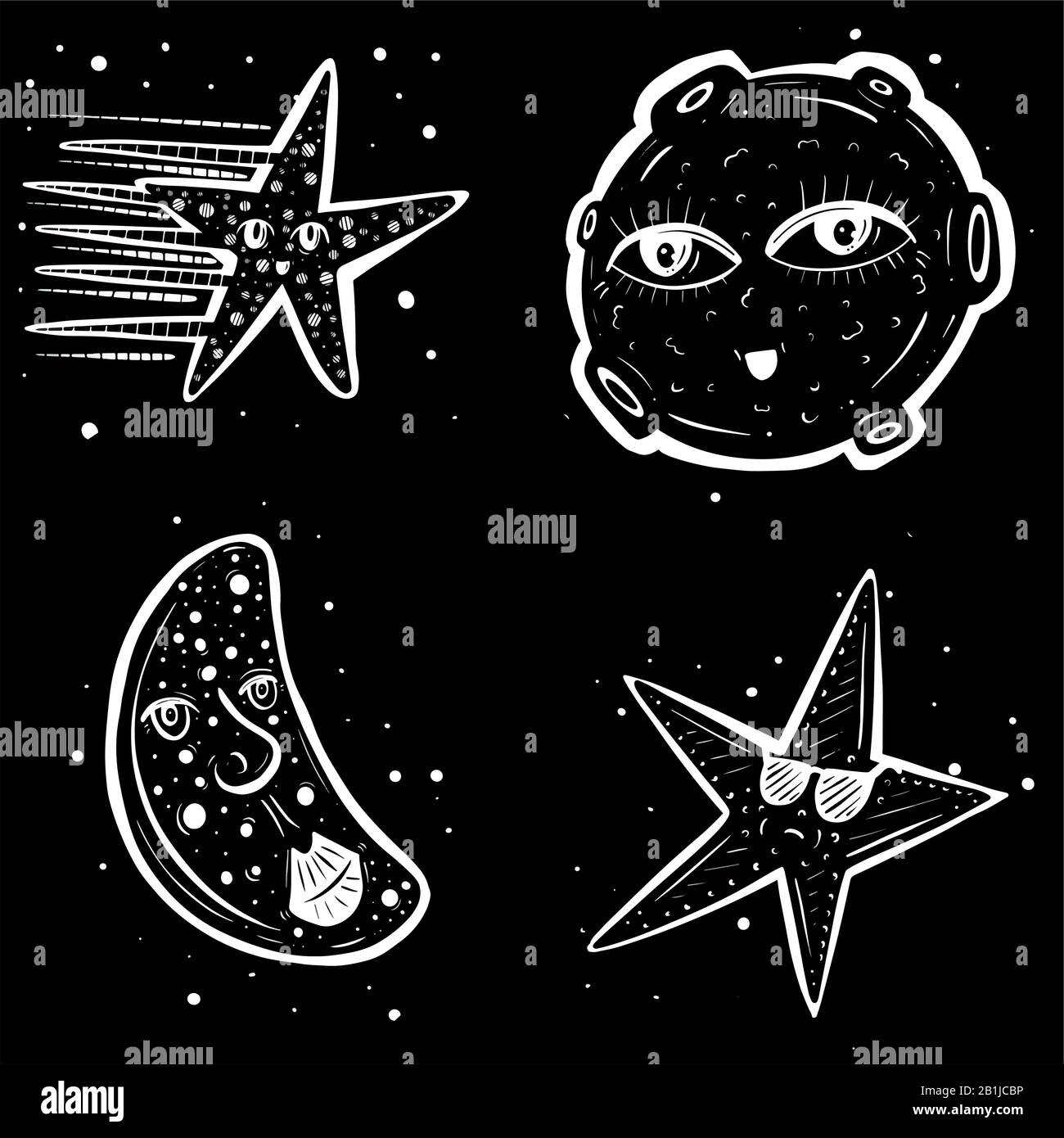 Collection of Cartoon Moon and Star Characters in White and Black