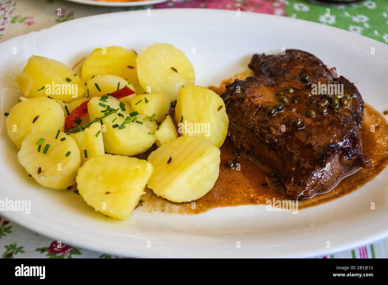 Beef steak with boiled potatoes in Czech Republic. Stock Photo