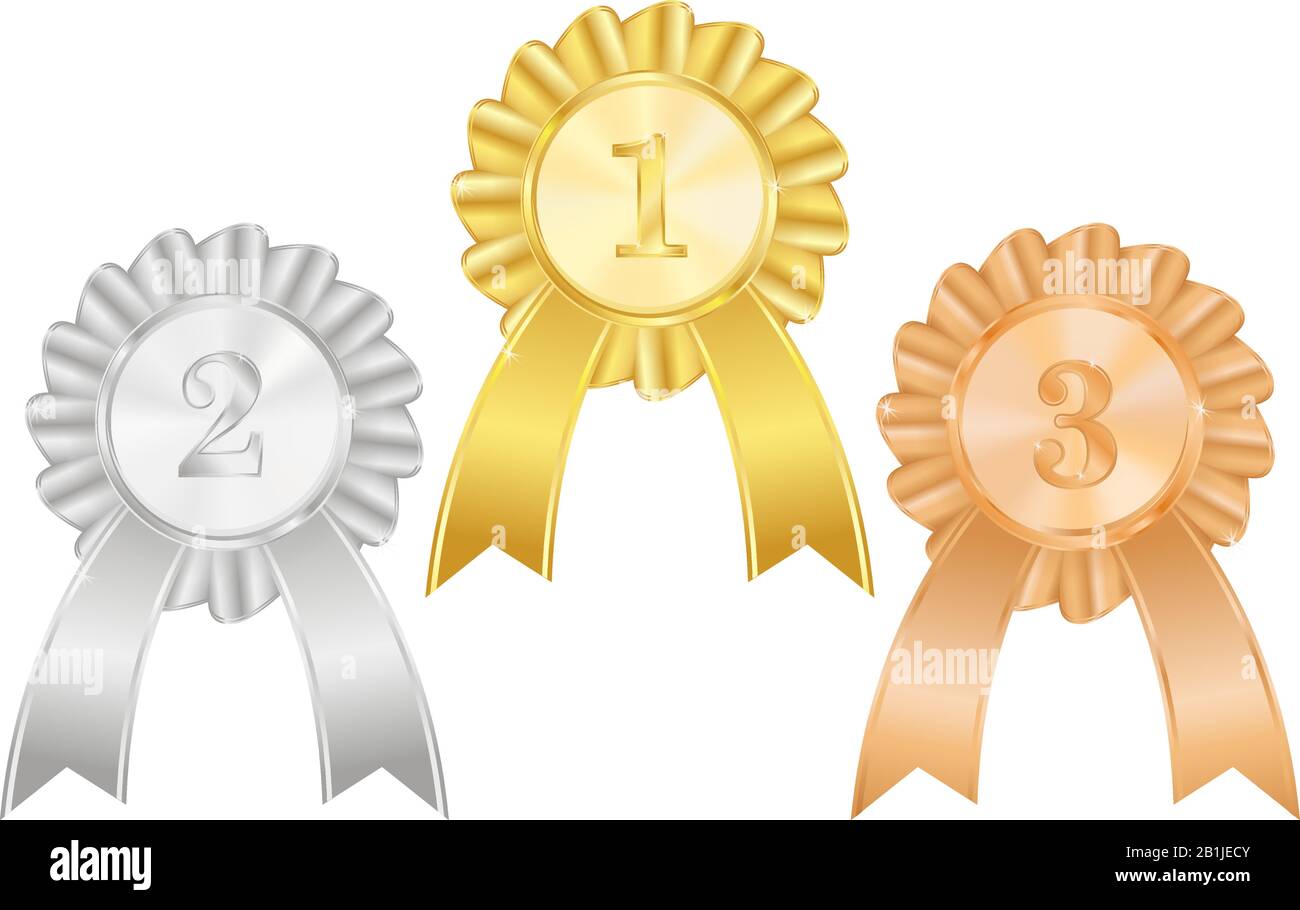 Awards badges. Gold, silver and bronze signs. Vector illustration isolated on white background