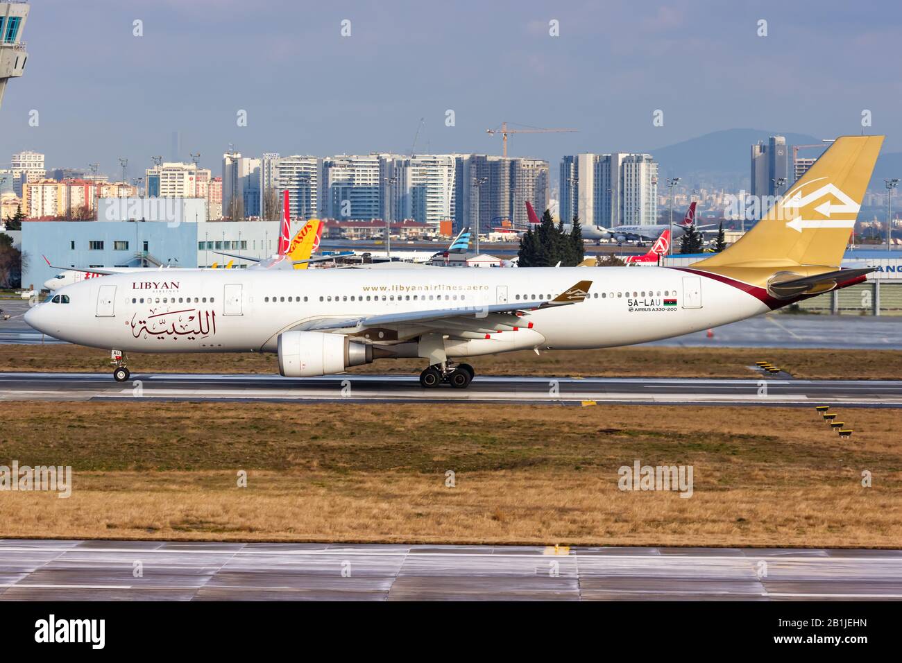Istanbul, Turkey – February 15, 2019: Libyan Airlines Airbus A330 airplane at Istanbul Ataturk Airport (IST) in Turkey. Stock Photo