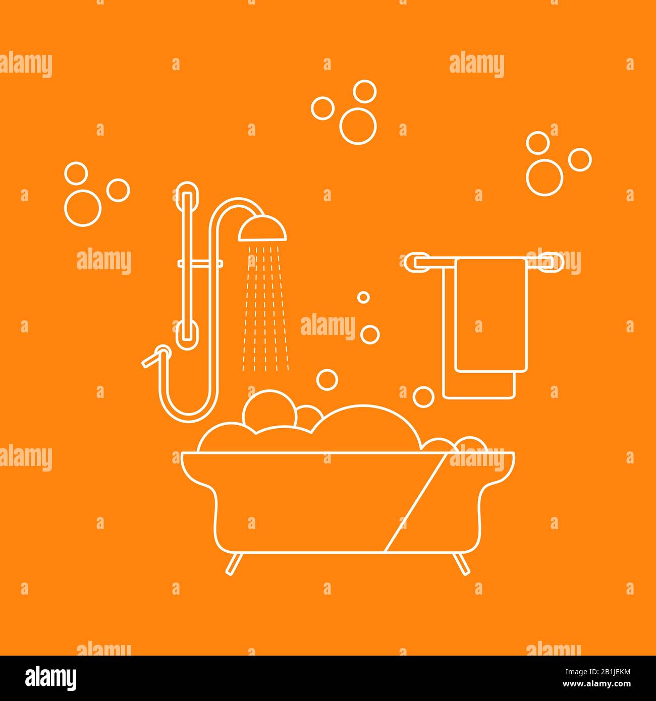 Vector illustration Bath, shower, bubbles, towel, hanger. Bath time