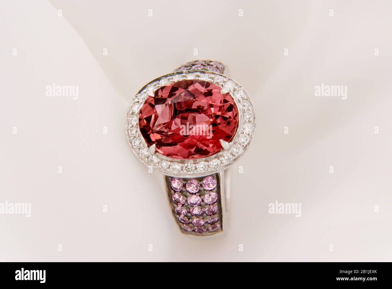 White Gold Ring With Pink Tourmaline And Diamonds Stock Photo