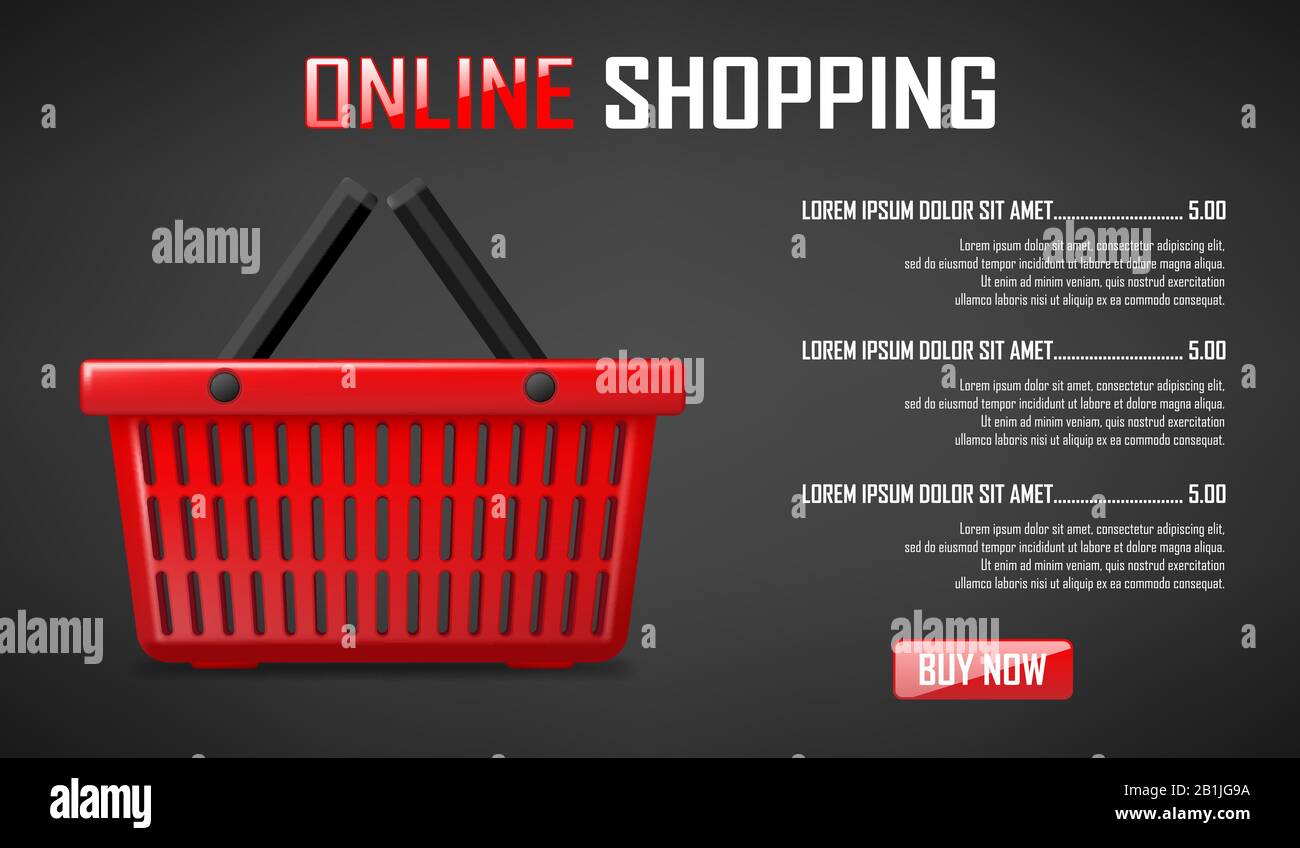 Online shopping banner. Realistic red shopping basket for supermarket products. Shop market cart trolley. vector illustration. Stock Vector