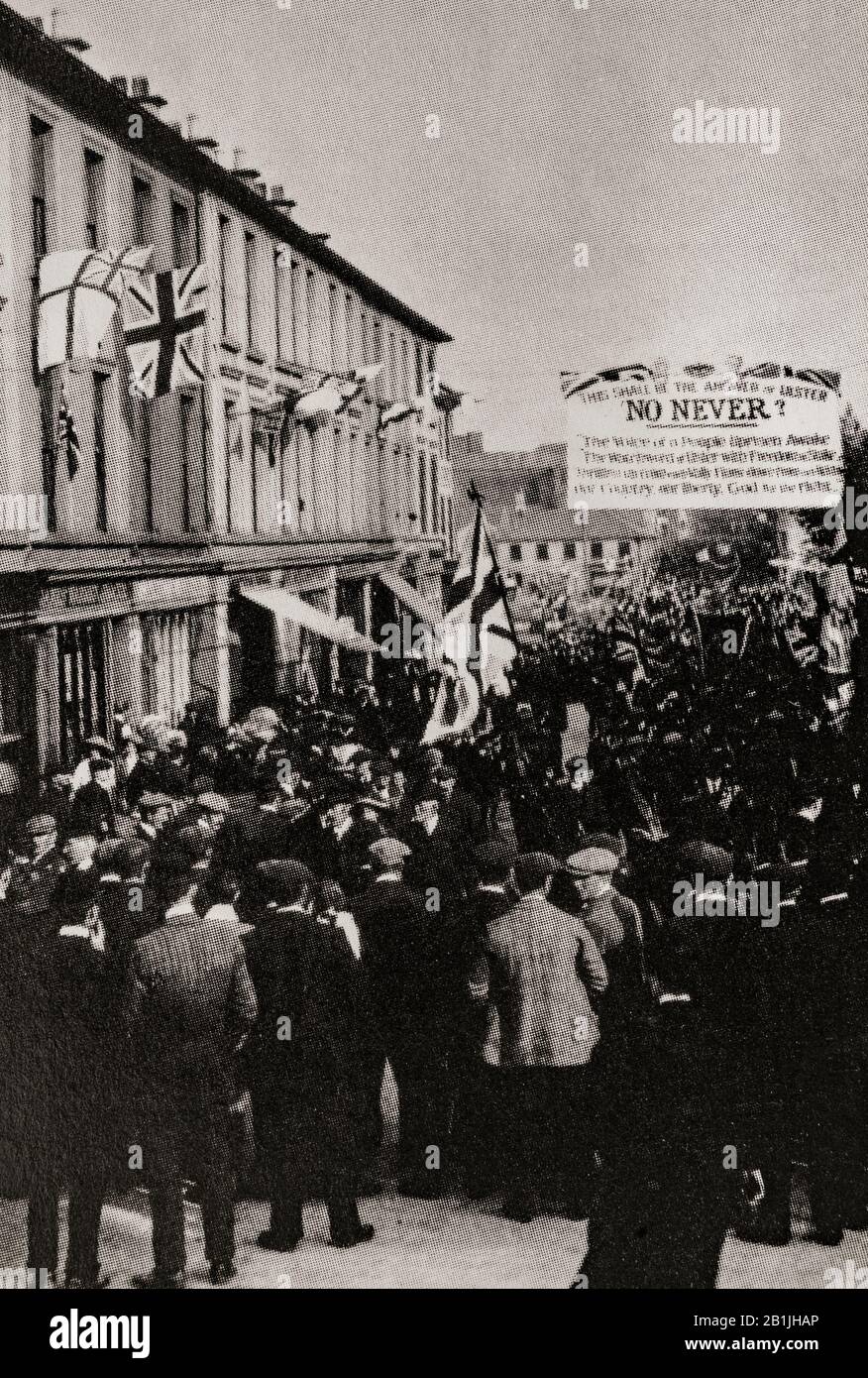 In April 1912, 250,000 Orangemen converged on Balmoral Showground in Belfast, declaring that under no circumstances will they accept Home Rule in Ireland. Organised by the Loyal Orange Institution, aka the Orange Order, a Protestant fraternal order mostly in Northern Ireland, it was founded in County Armagh in 1795, during a period of Protestant–Catholic sectarian conflict, as a Masonic-style fraternity sworn to maintain the Protestant Ascendancy. Stock Photo