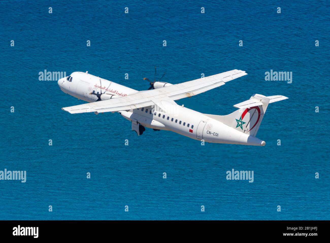 Gibraltar – July 29, 2018: Royal Air Maroc Express ATR 72 airplane at Gibraltar airport (GIB). Stock Photo