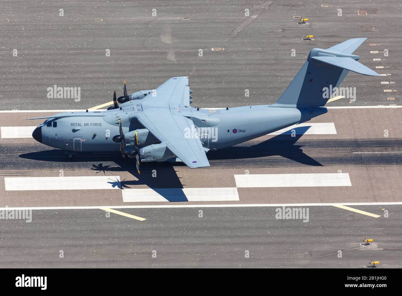 Gibraltar – July 29, 2018: Airbus A400M airplane at Gibraltar airport (GIB). Airbus is a European aircraft manufacturer based in Toulouse, France. Stock Photo