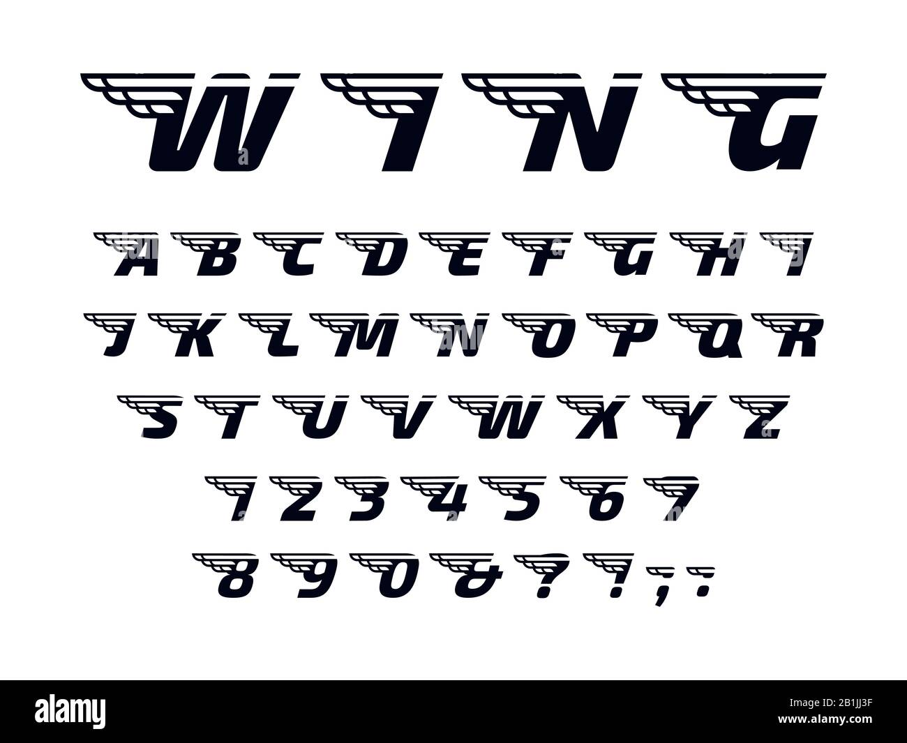 Winged font. Letters with wings, flying alphabet and powerful sport monogram. Speed wing lettering font vector set Stock Vector