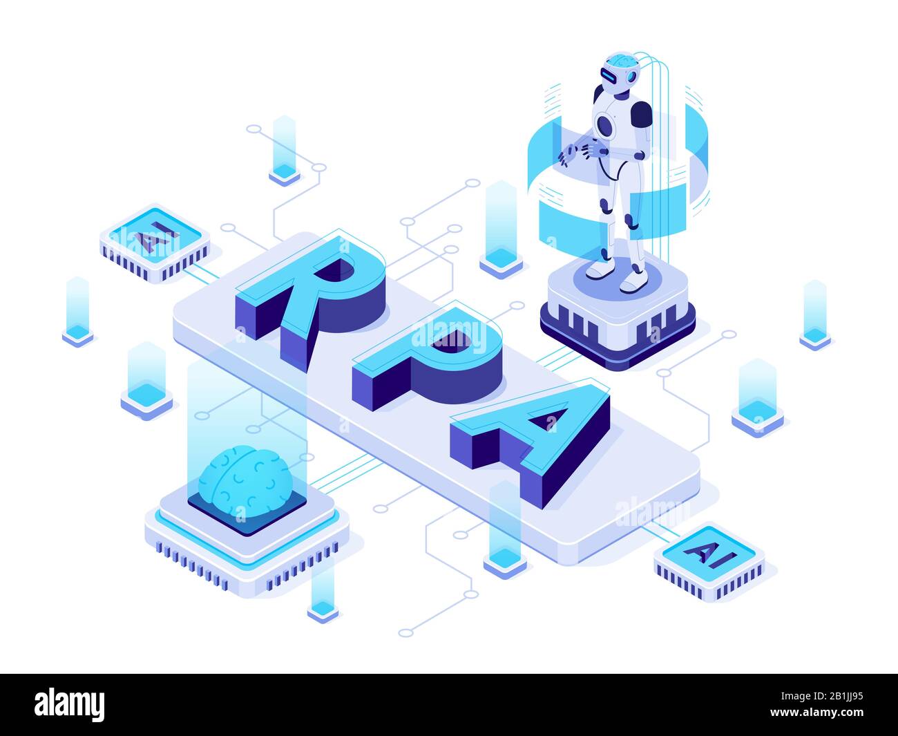 Isometric RPA. Robotic process automation, futuristic artificial intelligence robots and AI learning vector illustration Stock Vector