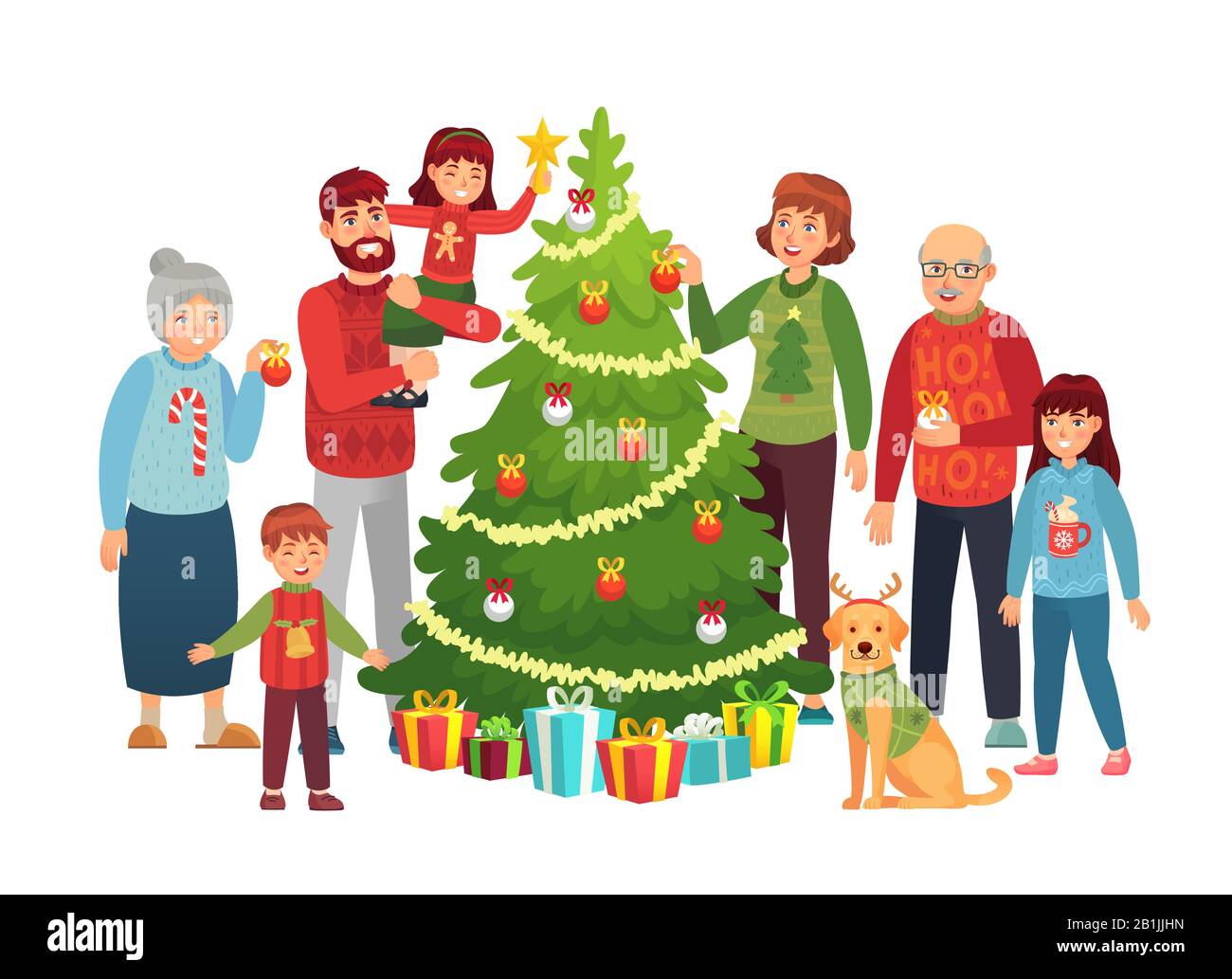 Cartoon christmas family portrait. Xmas tree decorations, happy people and big family decorated christmas tree vector illustration Stock Vector