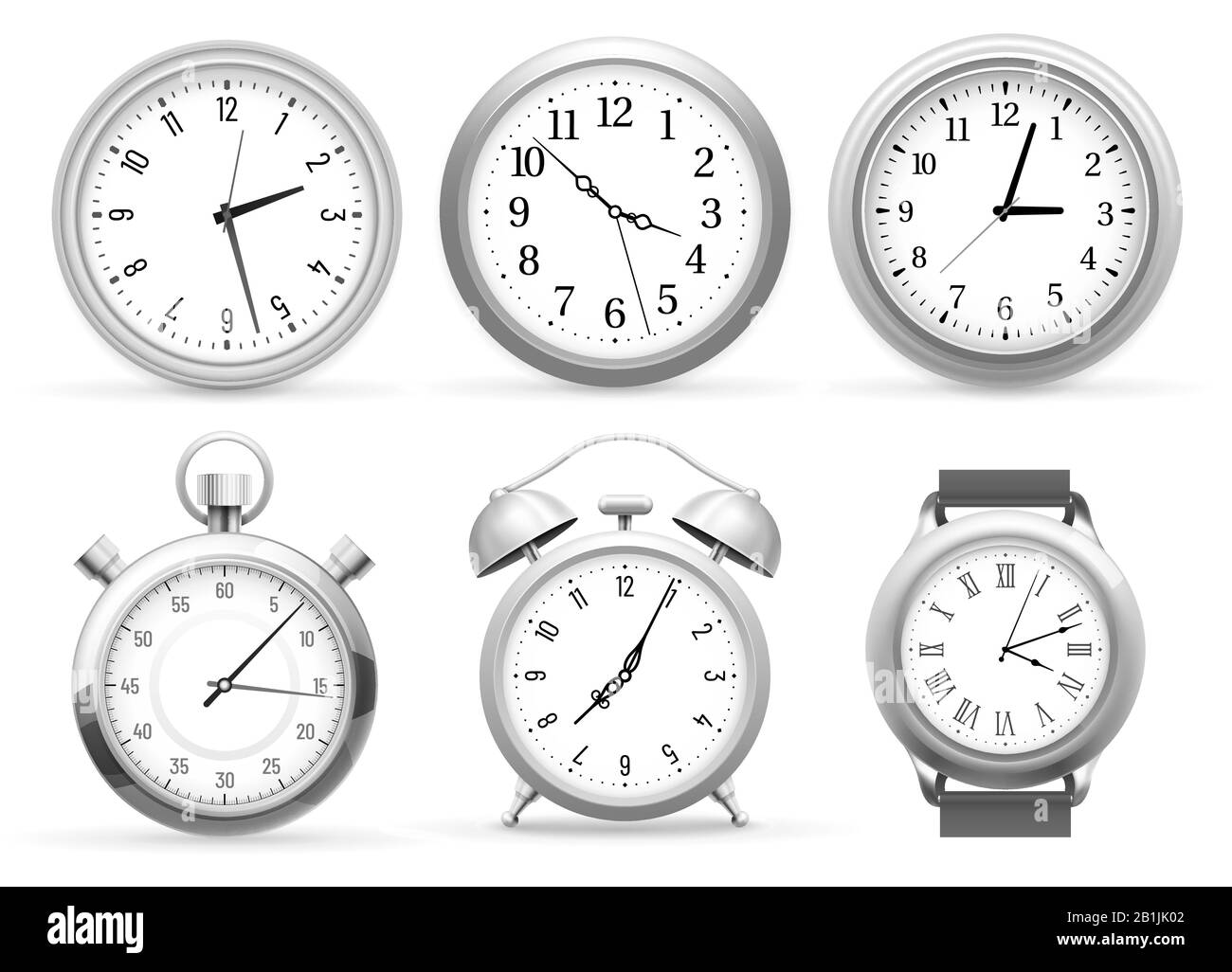 Realistic clocks. Wall round clock, alarm and wristwatches. Stopwatch