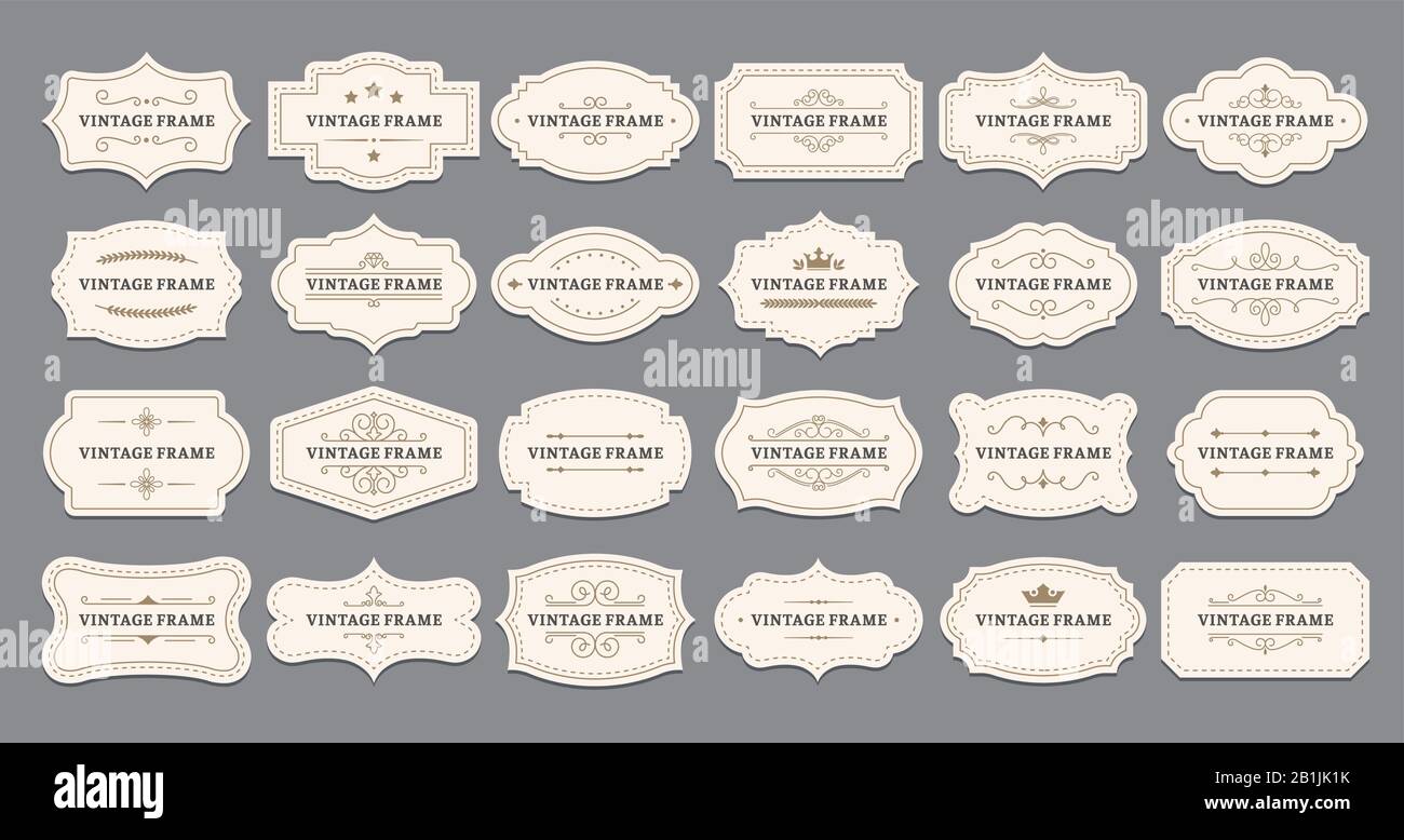 Ornamental label frames. Old ornate labels, decorative vintage frame and retro badge vector set Stock Vector