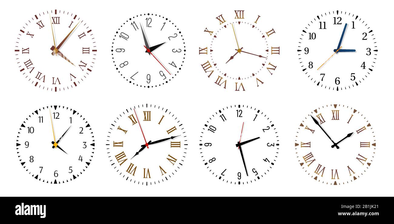 Modern clock faces. Minimalist watch, round clocks and watch face