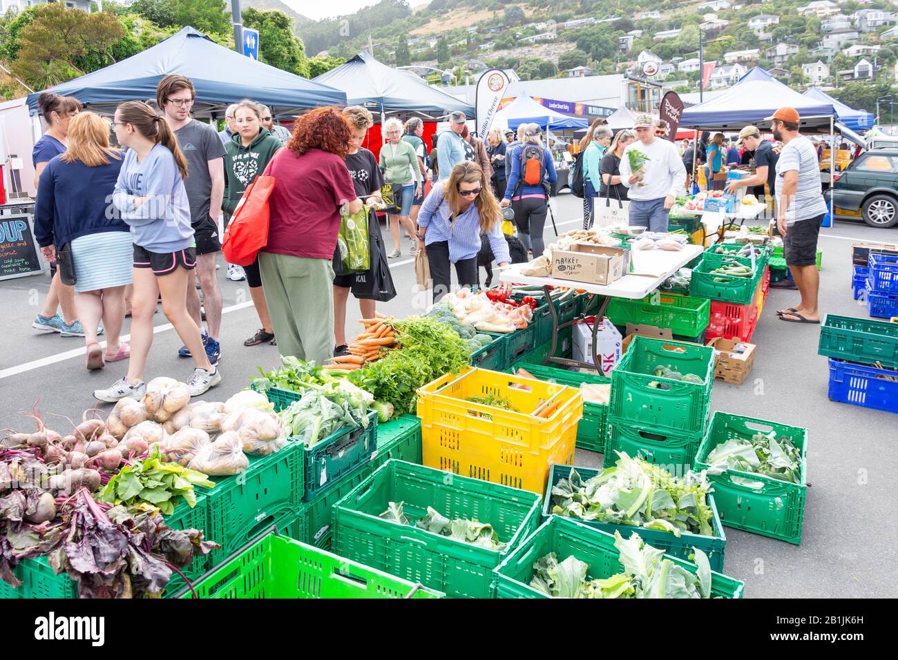 Vegetable stall at Lyttelton Farmer's Market, Lyttelton, Lyttelton Harbour, Banks Peninsula, Canterbury Region, New Zealand Stock Photo