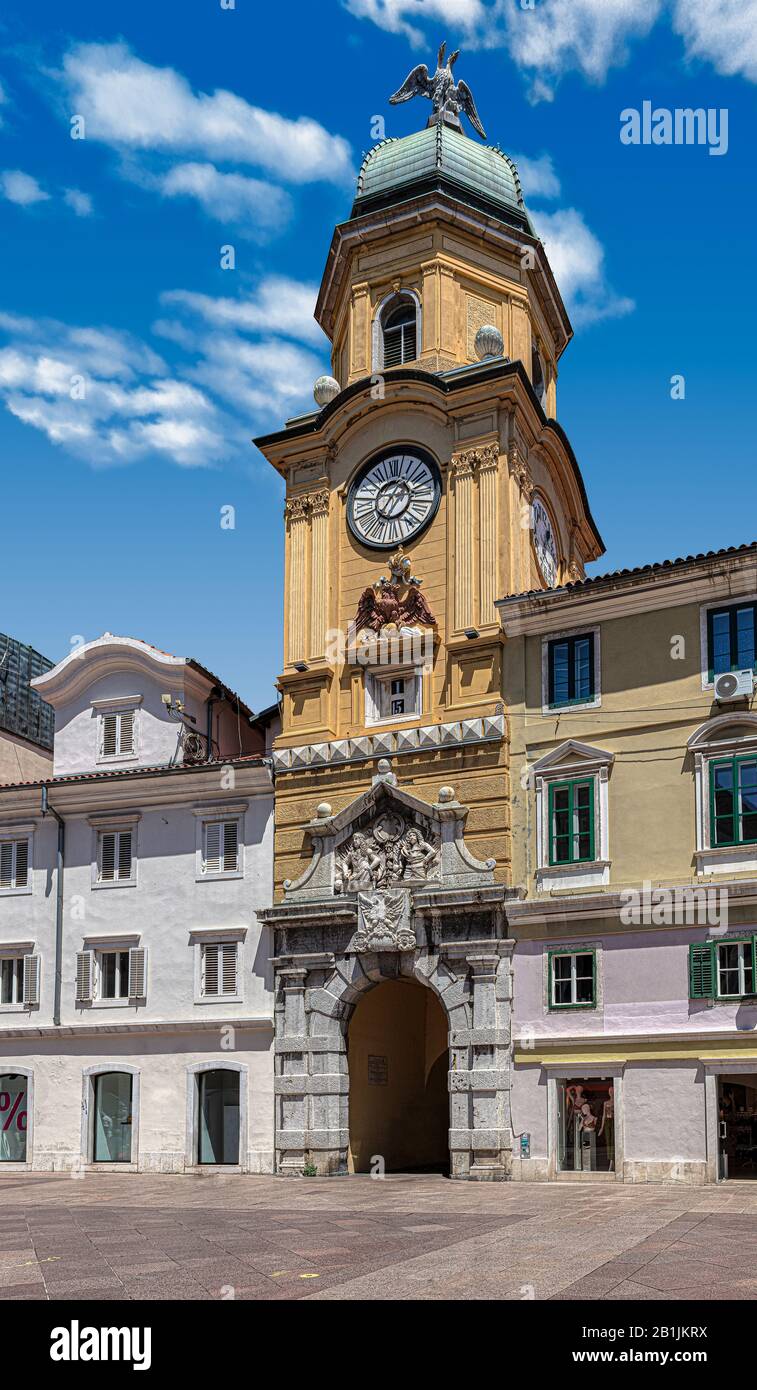 City clock tower or Gradski toranj, a landmark building of Rijeka, Croatia, Europe, in a sunny summer day at Korzo, the main street of the city Stock Photo