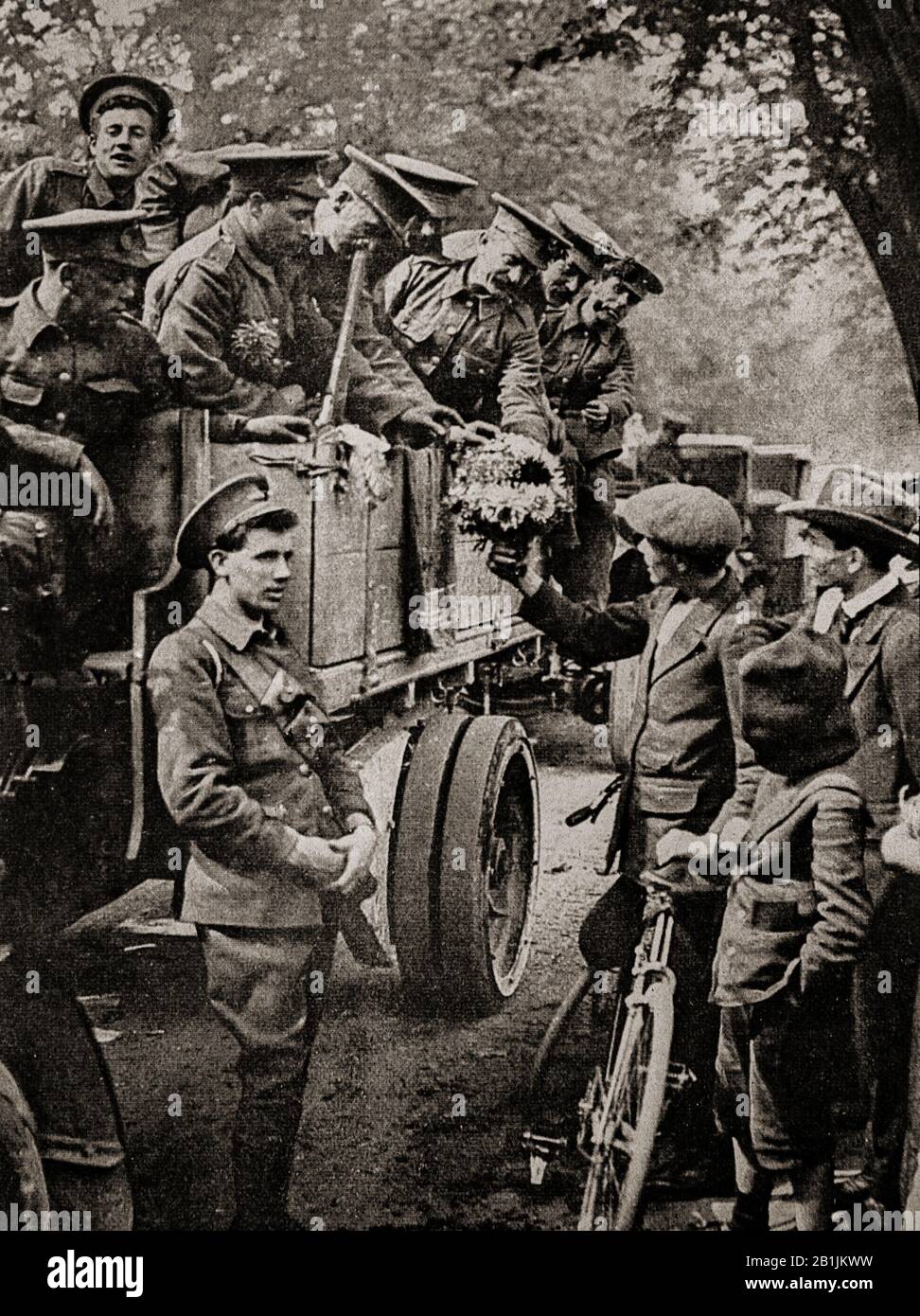 During the opening stages of World War One, British troops are greeted with Jubilation by French civilians. Stock Photo