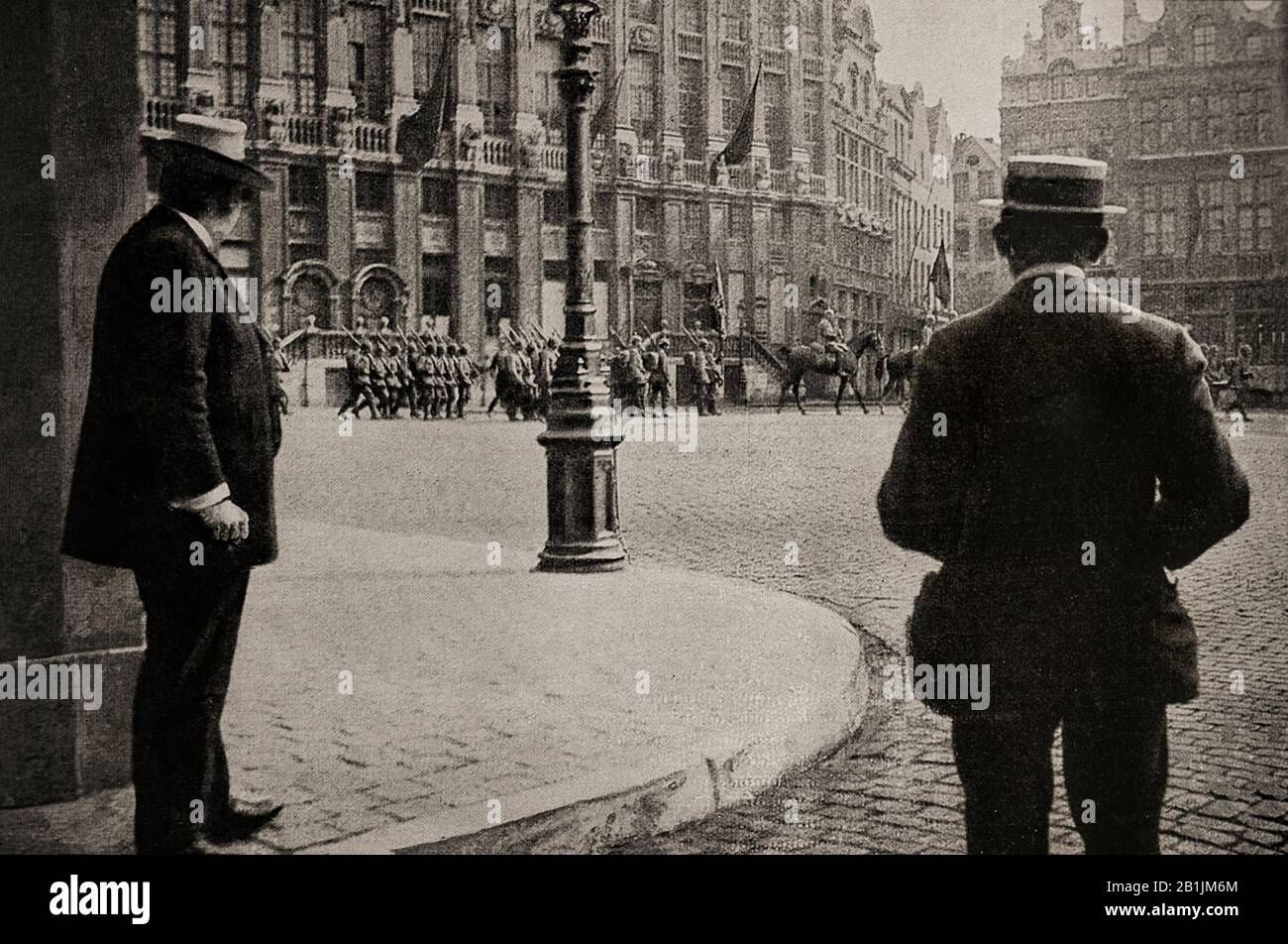 German troops marching in to Brussels. On 24 July 1914, the Belgian government had announced that if war came it would uphold its historic neutrality. On 2 August, the German government sent an ultimatum to Belgium, demanding passage through the country. The Belgian government refused the demands, the German government declared war on Belgium on 4 August. Following sieges of Belgian fortresses along the Meuse river at Namur and the surrender of the last forts, the government abandoned the capital, Brussels, on 17 August and on 20th August, the city was occupied. Stock Photo