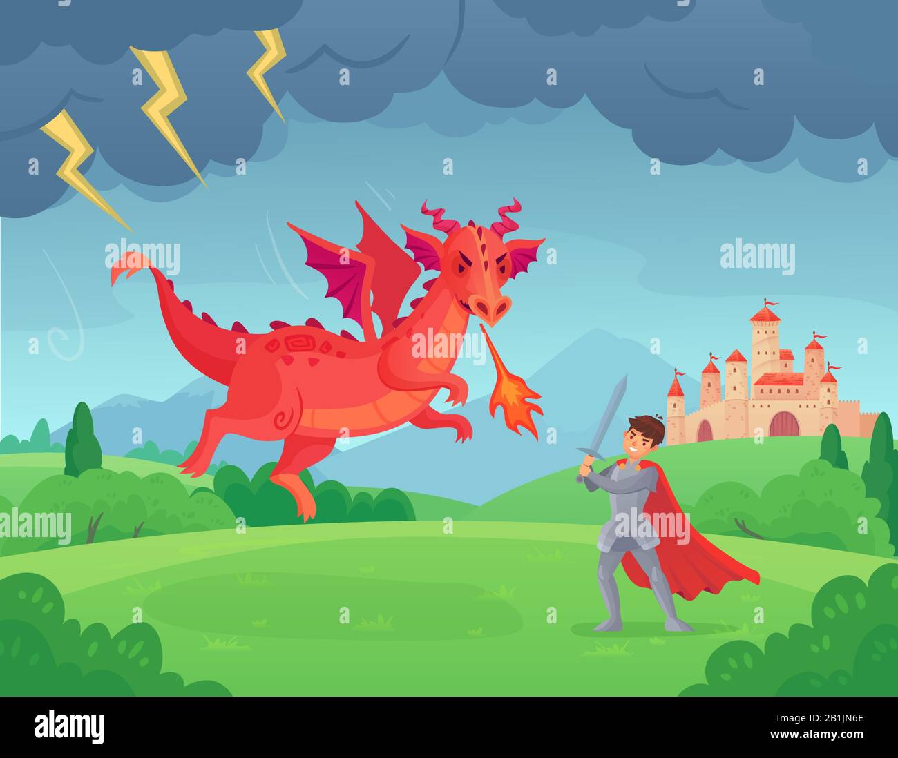 Cartoon fairytale knight fights dragon. Swordsman fighting evil monster, hero battle with dragons medieval legend vector illustration Stock Vector