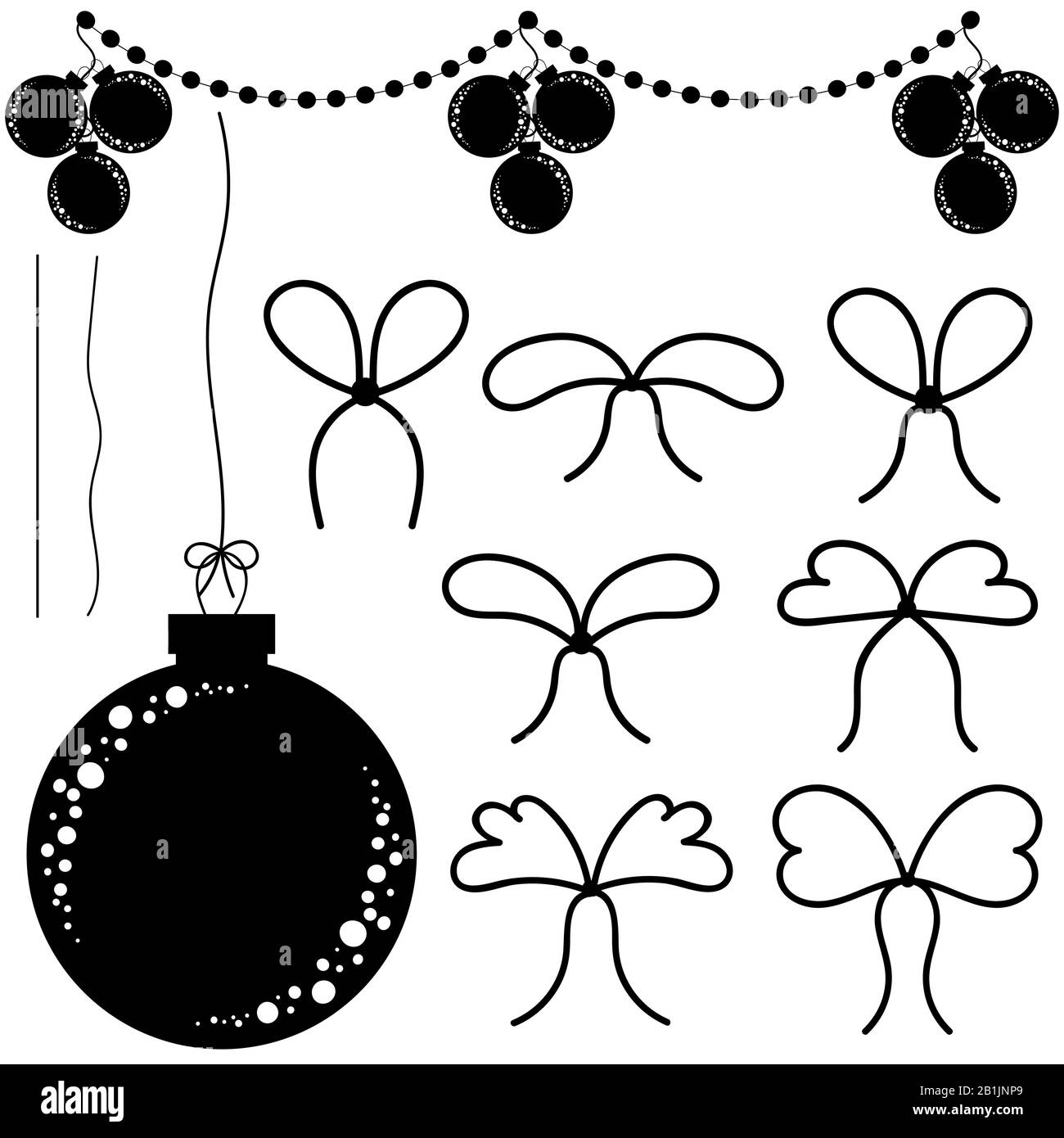 A set of flat black isolated silhouettes of Christmas toys in the form of balls, garlands and small bows. Simple design for processing. Stock Vector