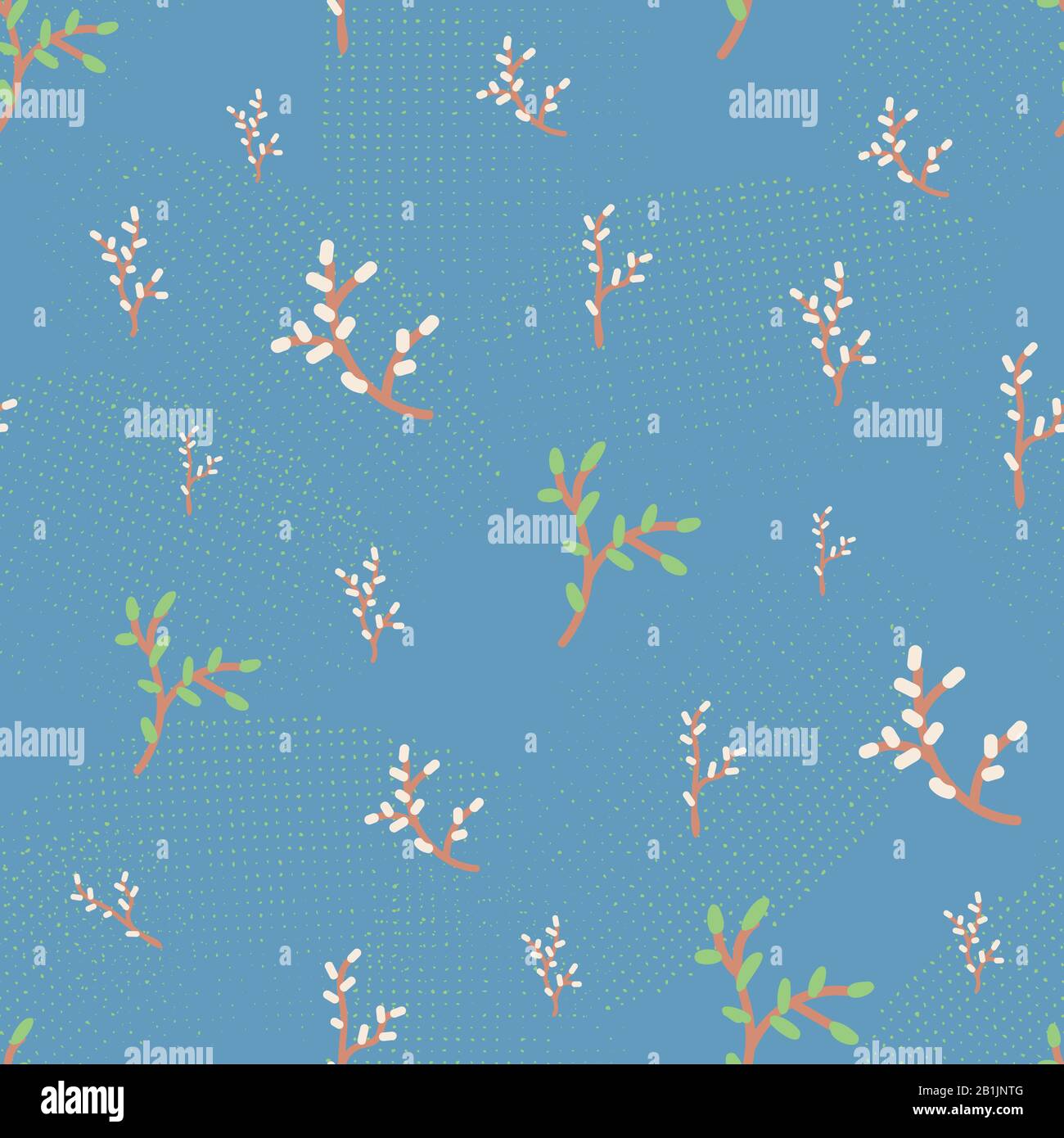 spring tree branches with catkins and young budding leaves seamless vector patten on a blue background Stock Vector