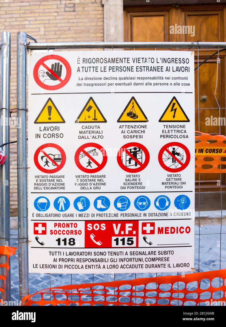 Italian health & safety sign at a construction site in Rome, Italy