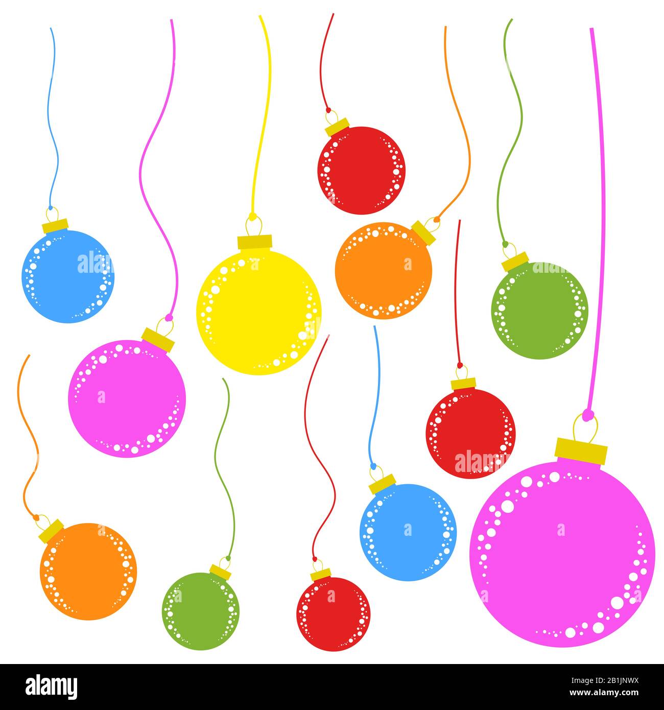 set of flat colored isolated Christmas tree toys balls on the ropes. Simple style. Stock Vector