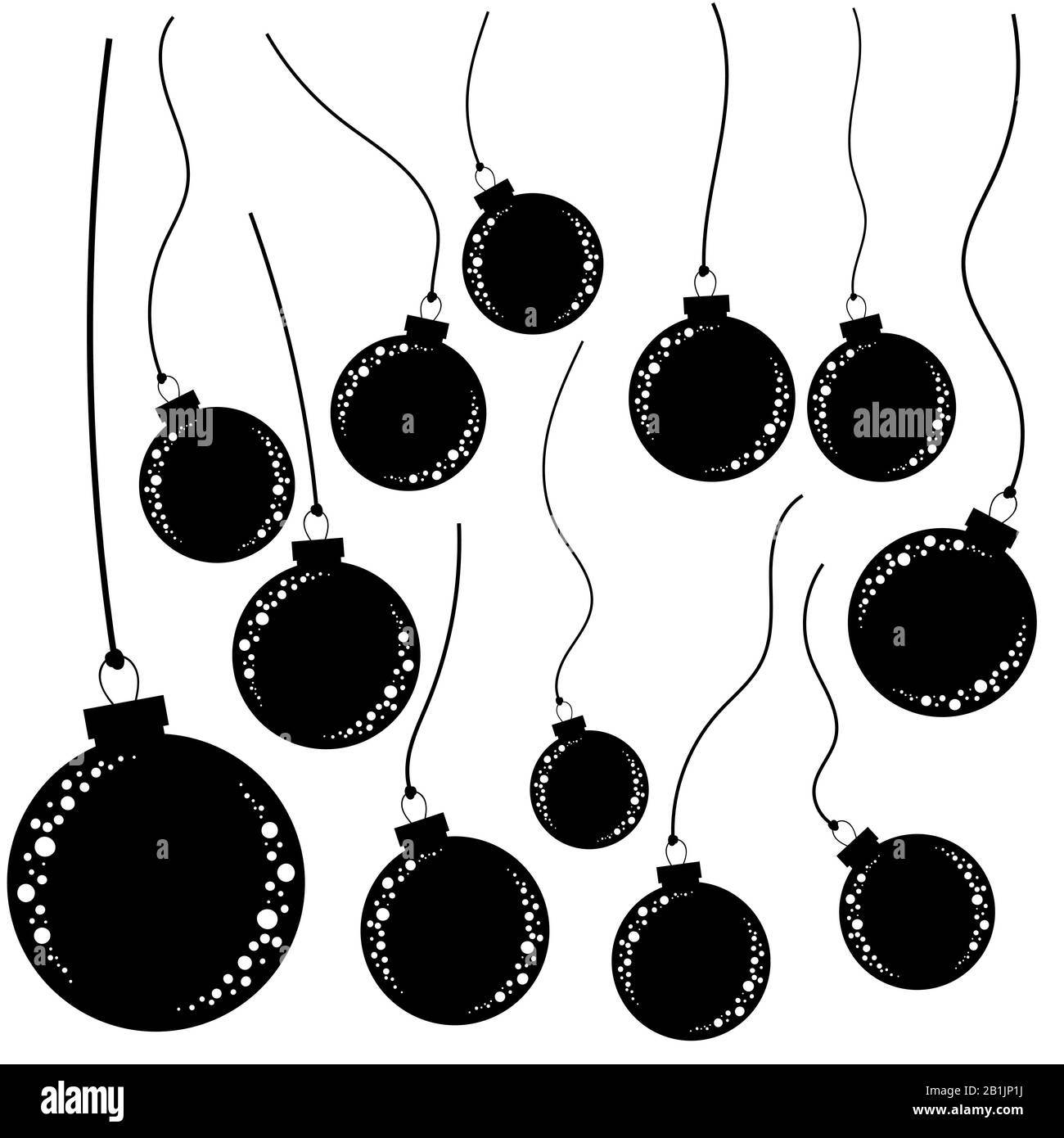 Set of Christmas balls falling down on the ropes. Flat black isolated silhouettes. Stock Vector
