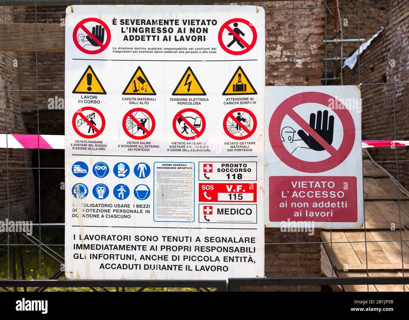 Italian health & safety sign at a construction site in Rome, Italy
