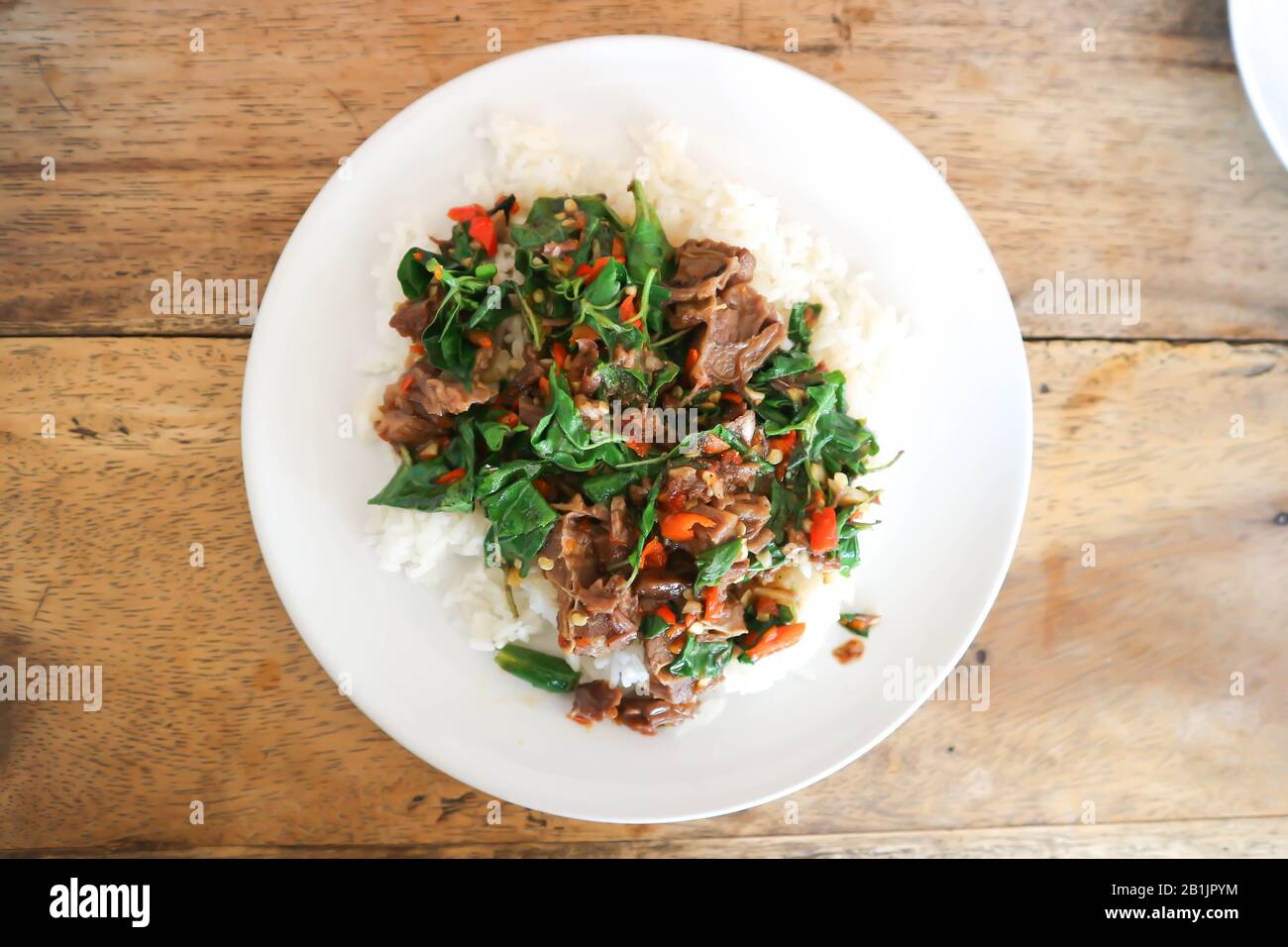 stir fried pork or stir beef with holy basil and rice Stock Photo