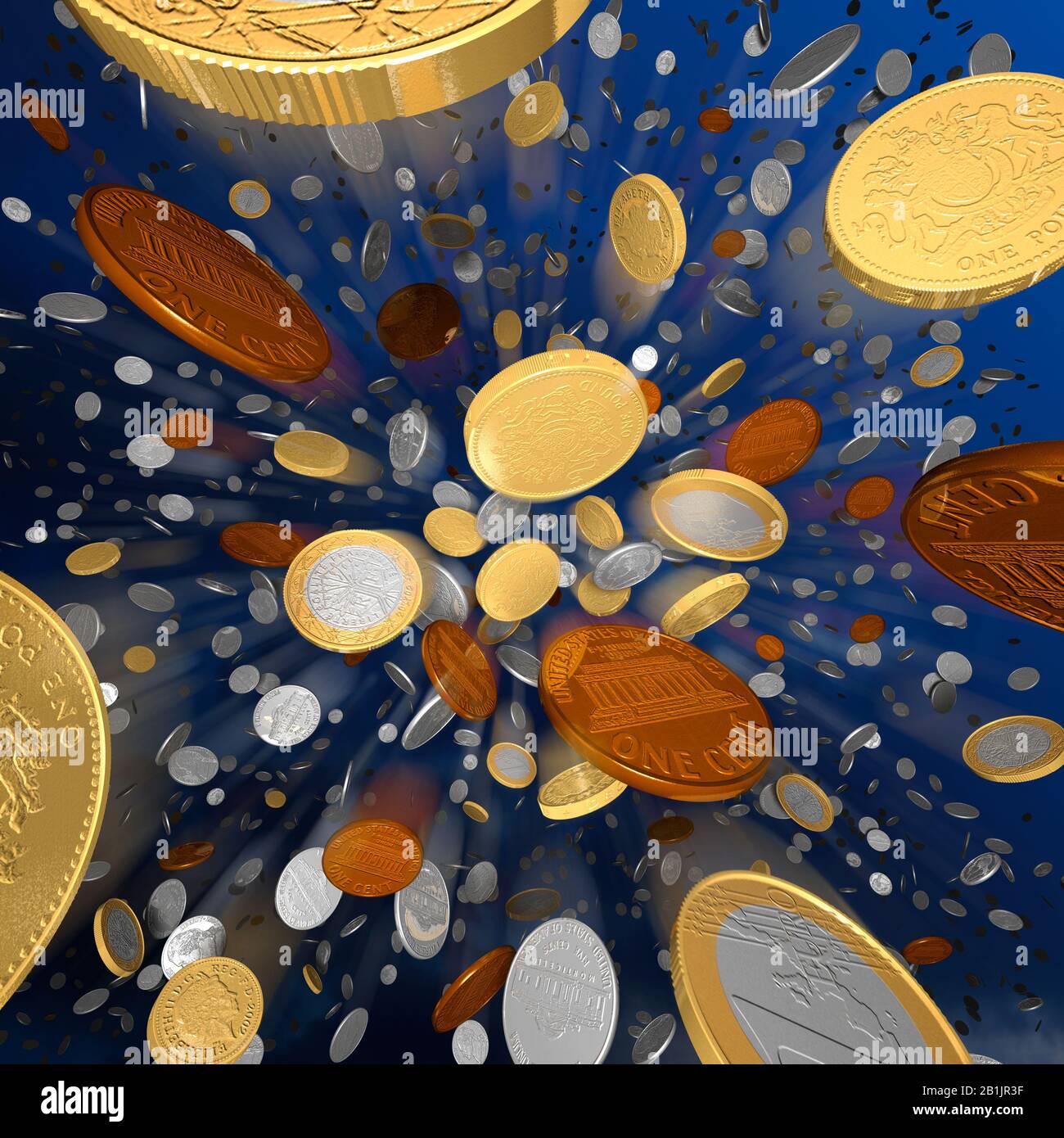 Pennies from heaven. Coins falling from the sky. International currencies. Stock Photo