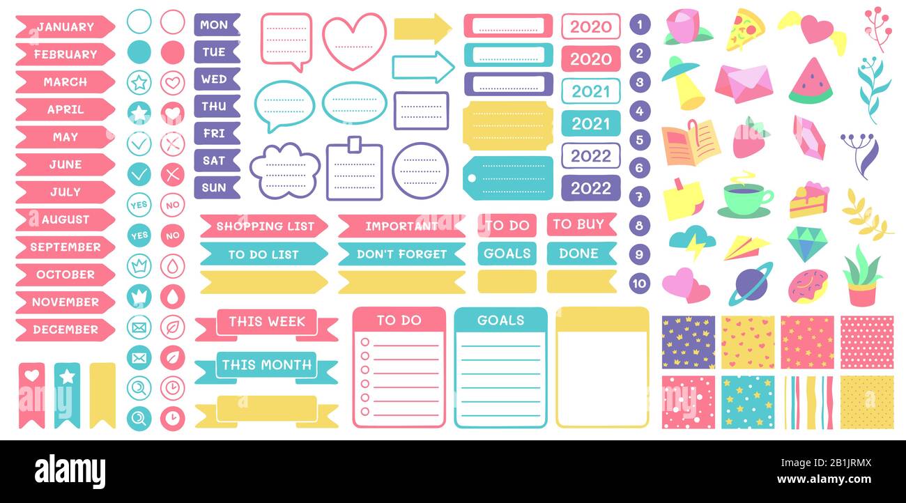 Cute planner stickers. Organizer tags, color patterns and calendar icons. Check, planners and