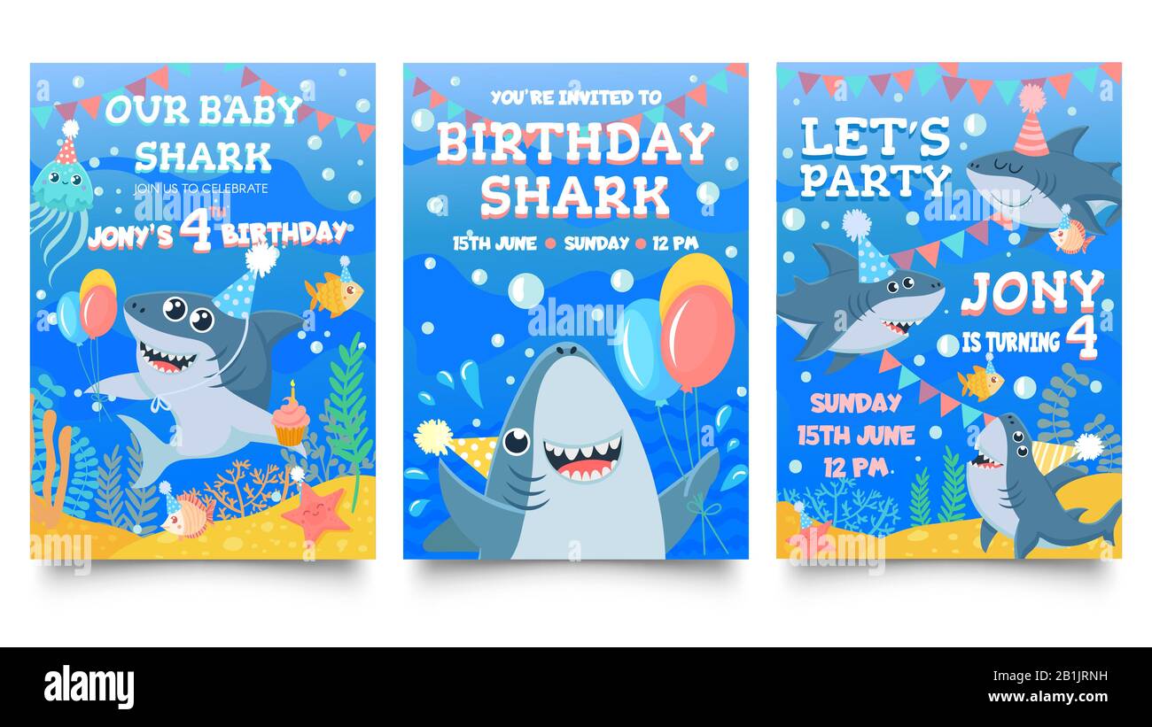Invitation card with cute sharks. Baby shark birthday party, sharks family celebrate children birthday and invitations template cartoon vector Stock Vector
