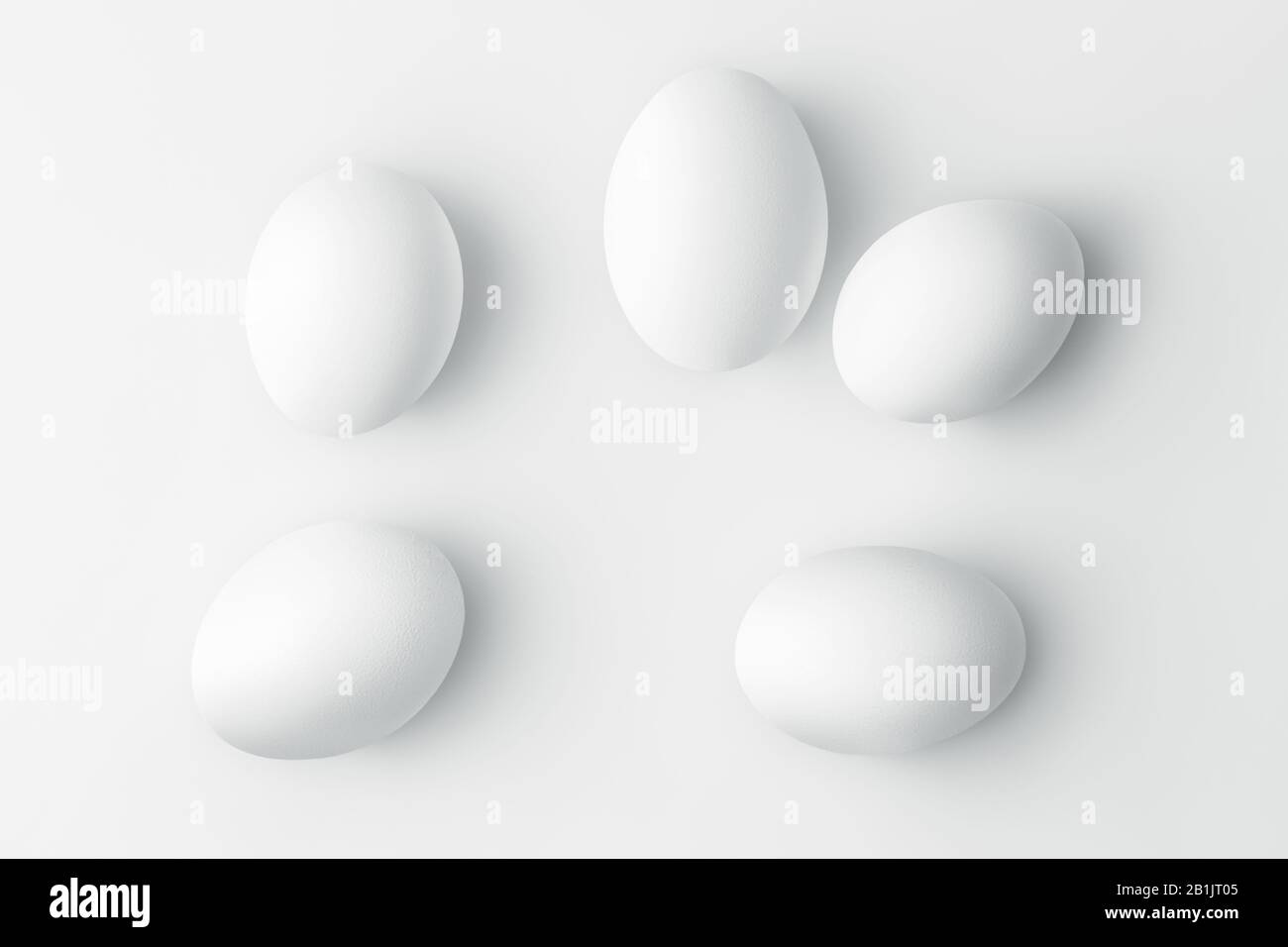 Flat lay five white chicken eggs on a white background with copy space Stock Photo