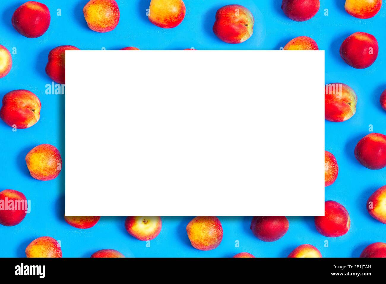 Peaches background with white frame for text. Flat lay of ripe peaches on a blue background. Summer fruits and healthy food Stock Photo