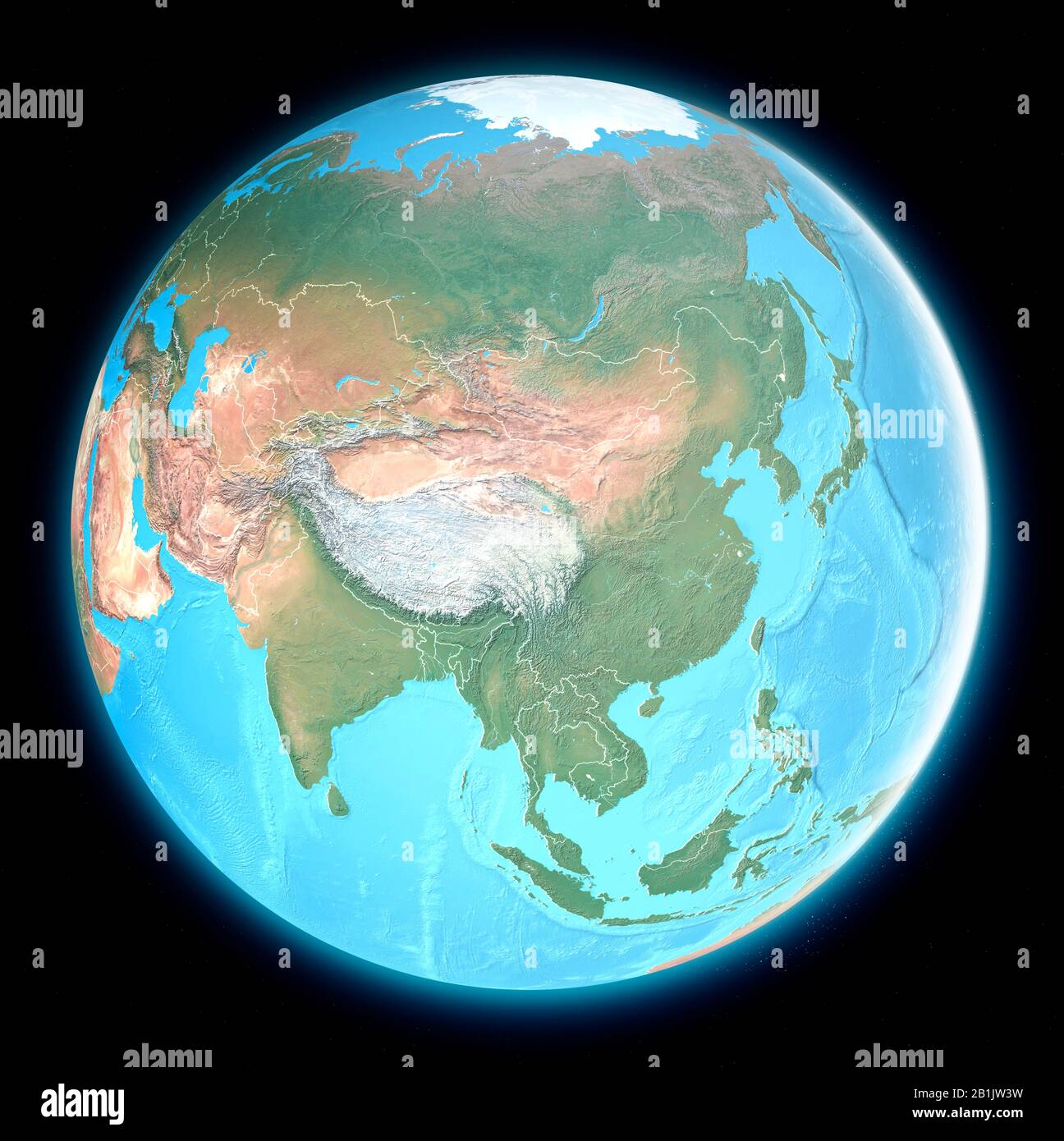 Globe map of Asia, satellite view, geographical map, physics. Cartography, relief atlas. 3d render Stock Photo