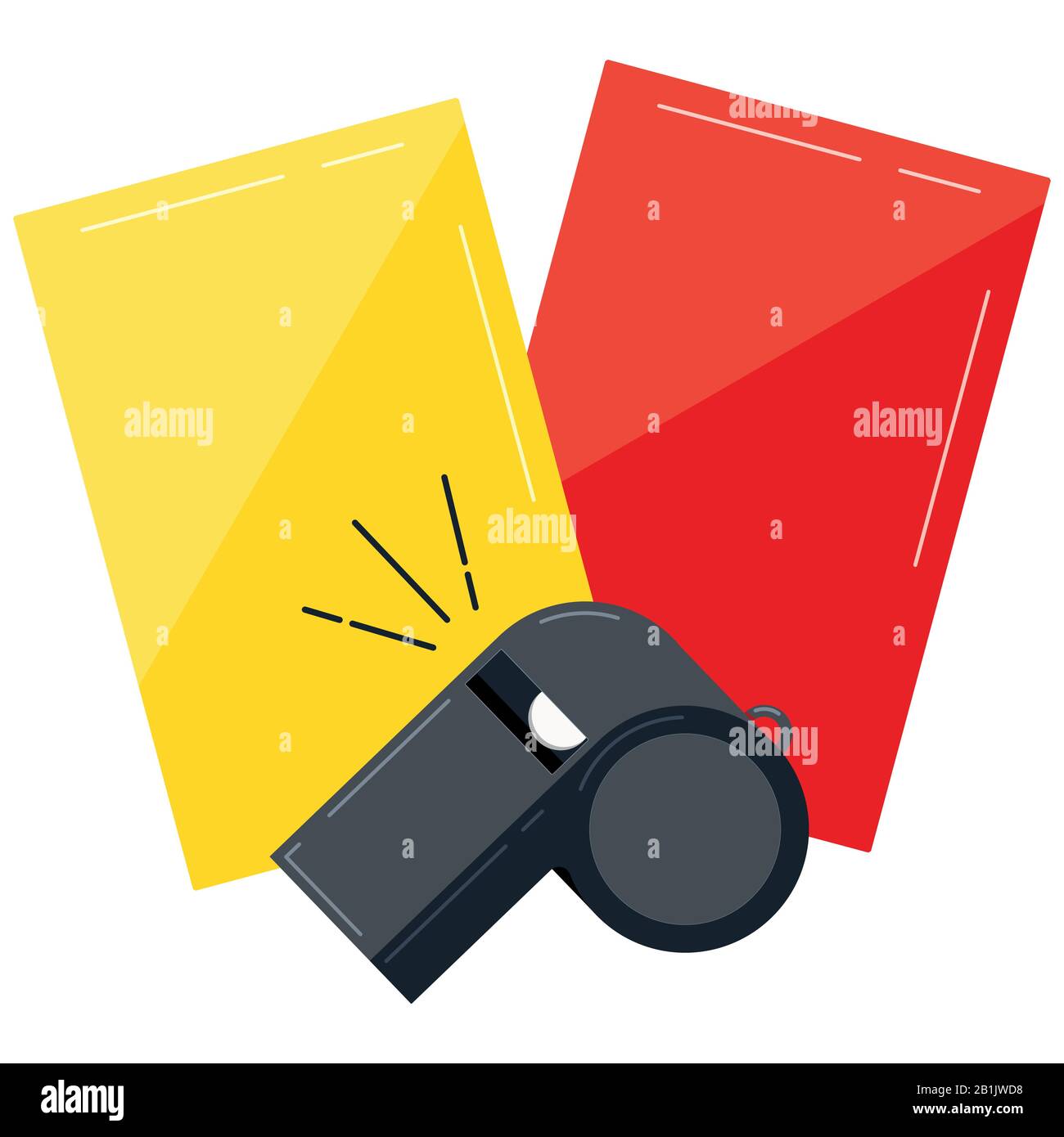 Referee whistle, yellow and red cards for football game isolated on