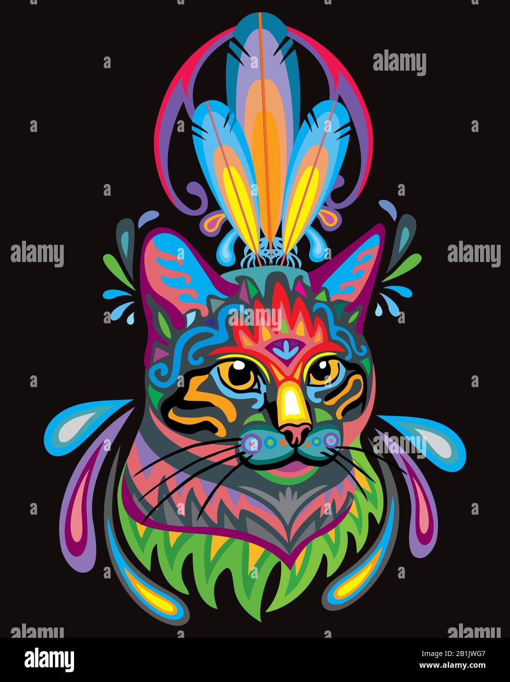 Colorful Decorative Ornamental Portrait Of Fluffy Cat In Zentangle