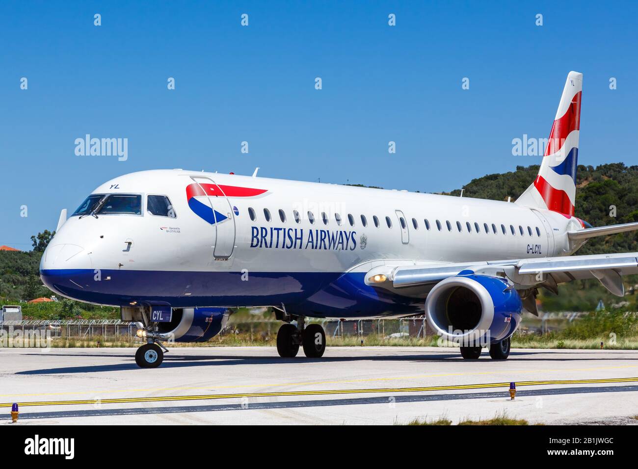Skiathos, Greece – July 30, 2019: British Airways BA CityFlyer Embraer 190 airplane at Skiathos airport (JSI) in Greece. Stock Photo