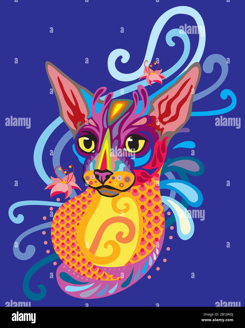 Colorful Decorative Ornamental Portrait Of Cornish Rex Cat In