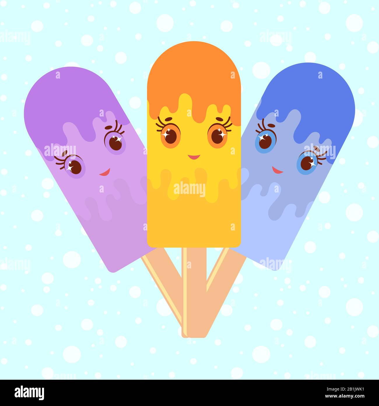 Set of flat colored isolated cartoon ice-cream, drizzled with glaze orange, blue, purple. On wooden sticks. The illustration on abstract blue backgrou Stock Vector